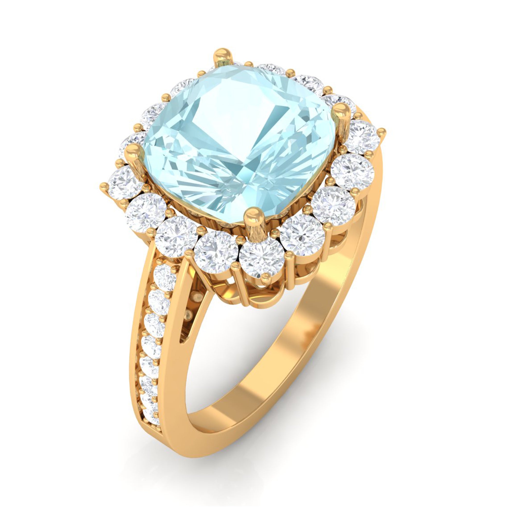 Rosec Jewels-Cushion Cut Sky Blue Topaz Halo Engagement Ring with Moissanite