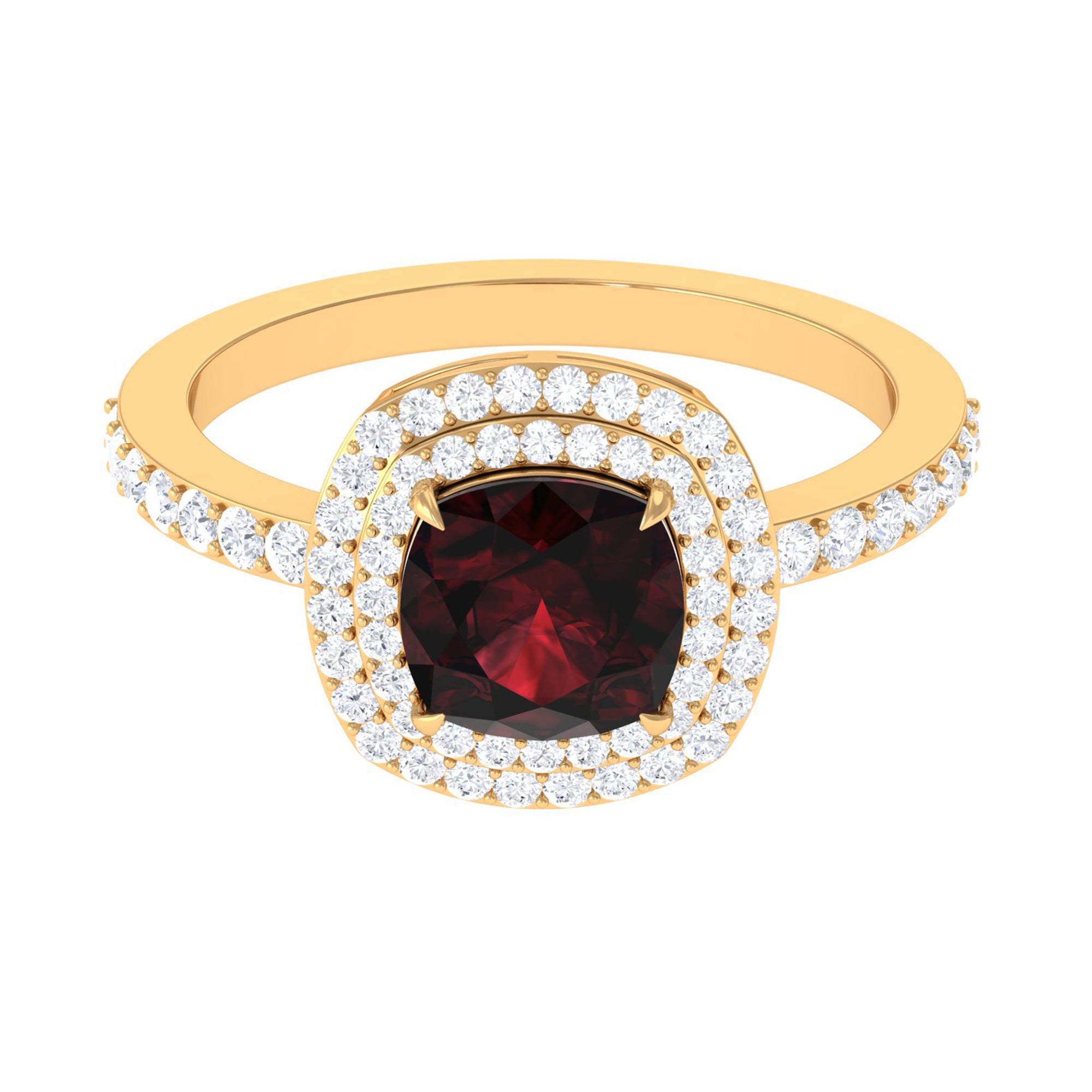 Rosec Jewels-Cushion Cut Garnet Double Halo Engagement Ring with Diamond