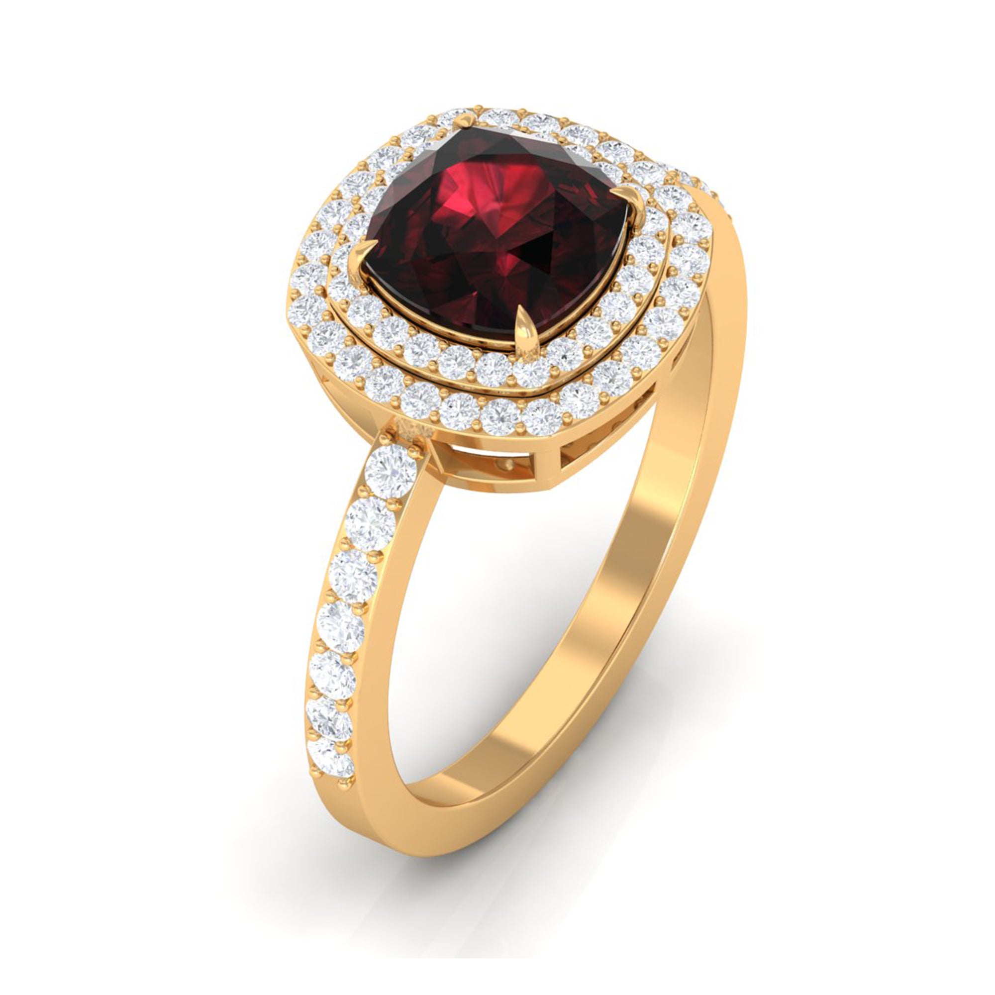 Rosec Jewels-Cushion Cut Garnet Double Halo Engagement Ring with Diamond