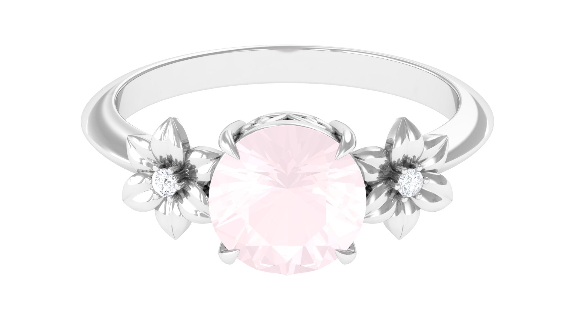 Rosec Jewels-2 CT Round Rose Quartz Solitaire Flower Engagement Ring with Diamond