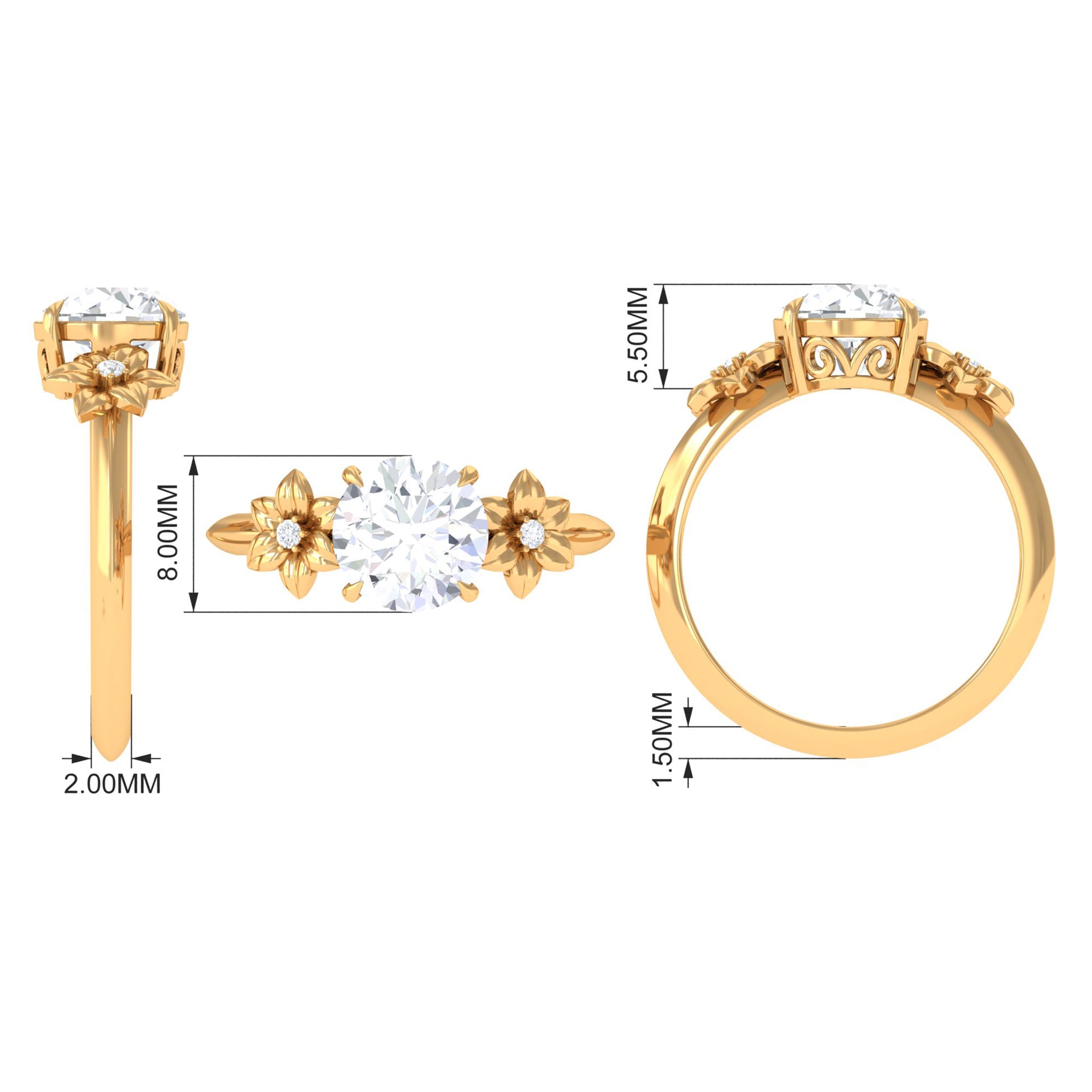 Rosec Jewels-Round Zircon Solitaire Gold Flower Engagement Ring