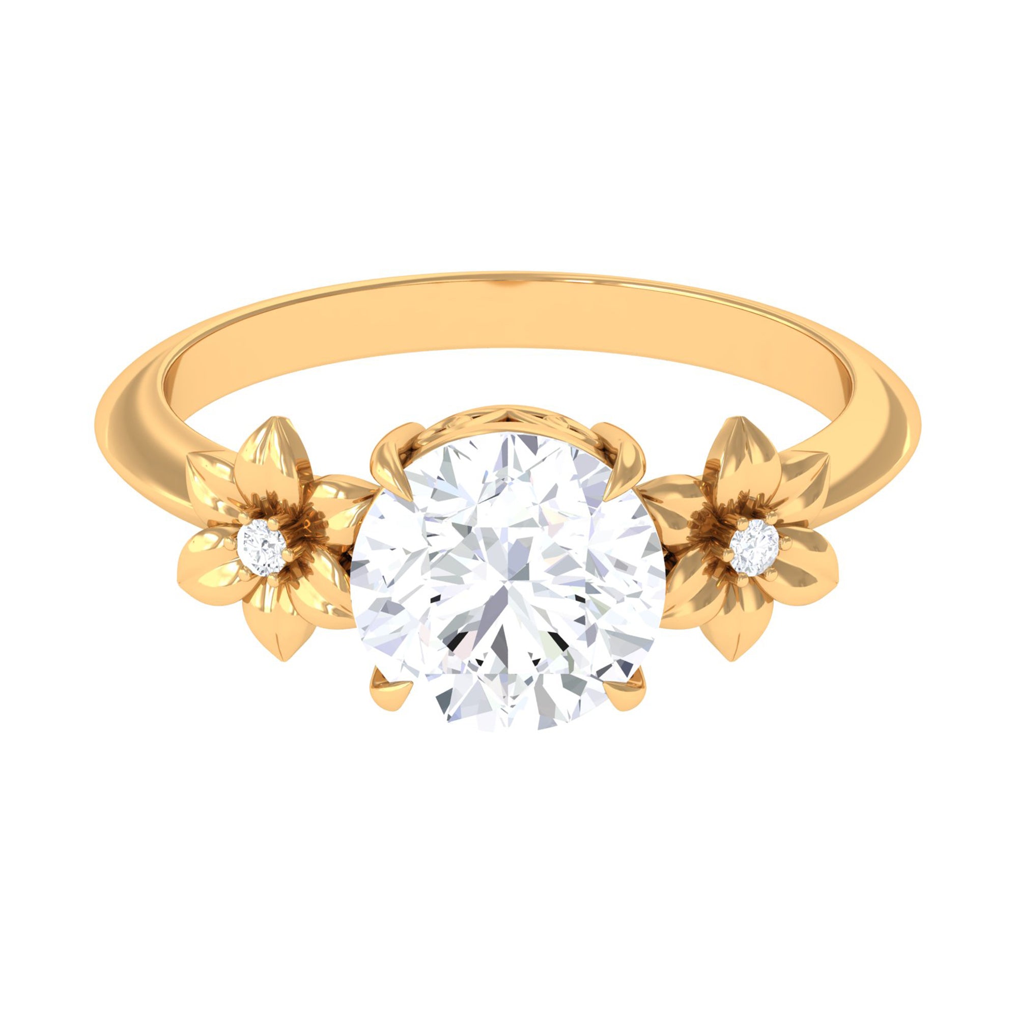 Rosec Jewels-Round Zircon Solitaire Gold Flower Engagement Ring