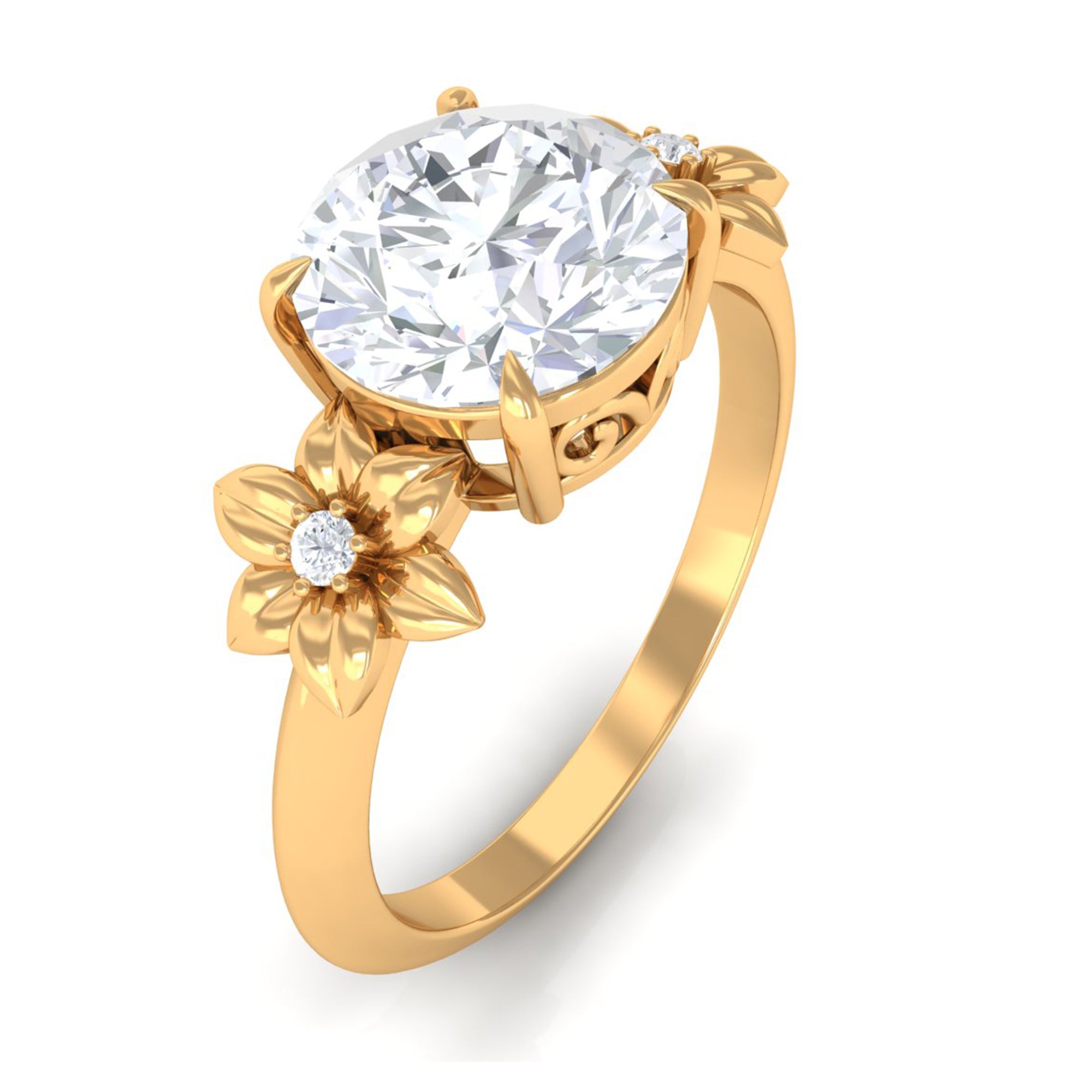 Rosec Jewels-Round Zircon Solitaire Gold Flower Engagement Ring