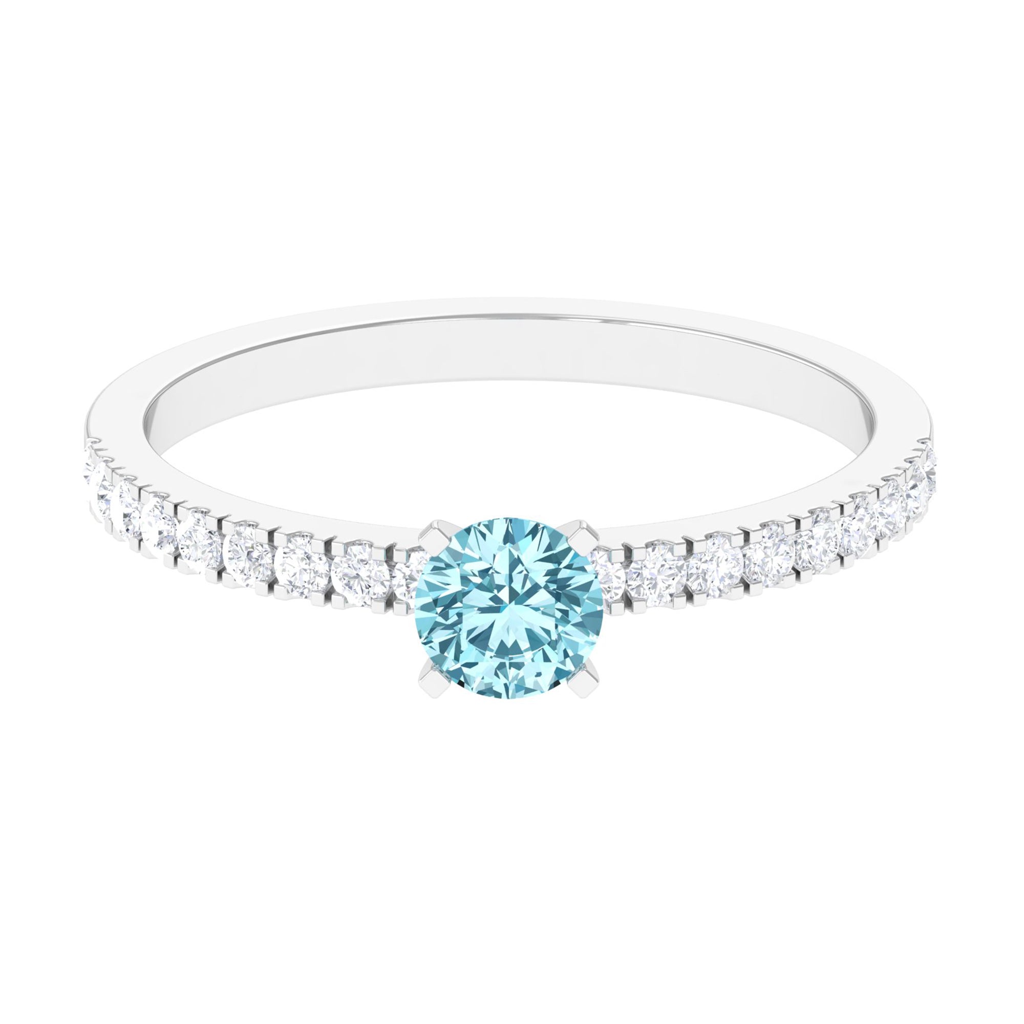 Rosec Jewels-Simple Round Aquamarine Solitaire Ring with Diamond Side Stones