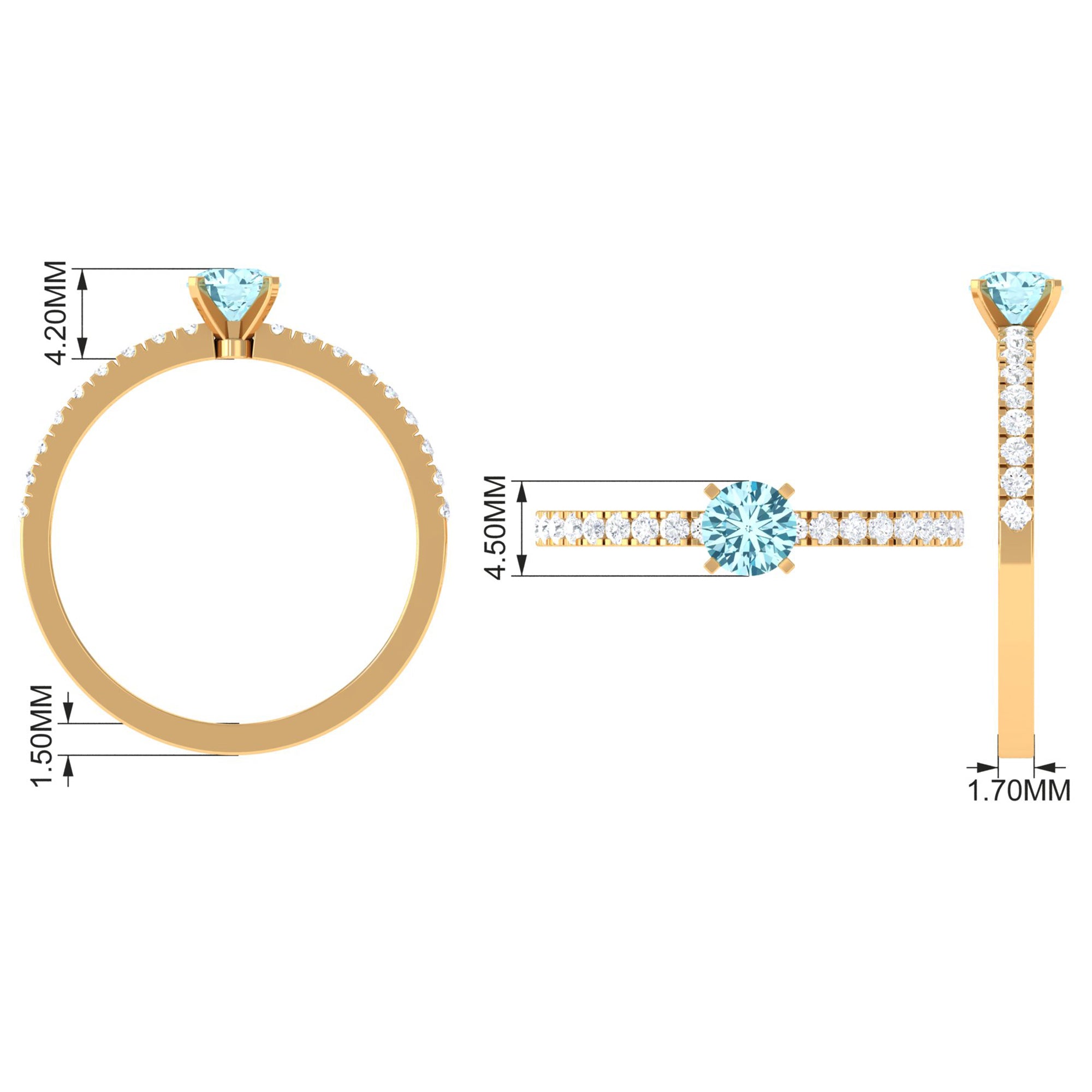 Rosec Jewels-Simple Round Aquamarine Solitaire Ring with Diamond Side Stones