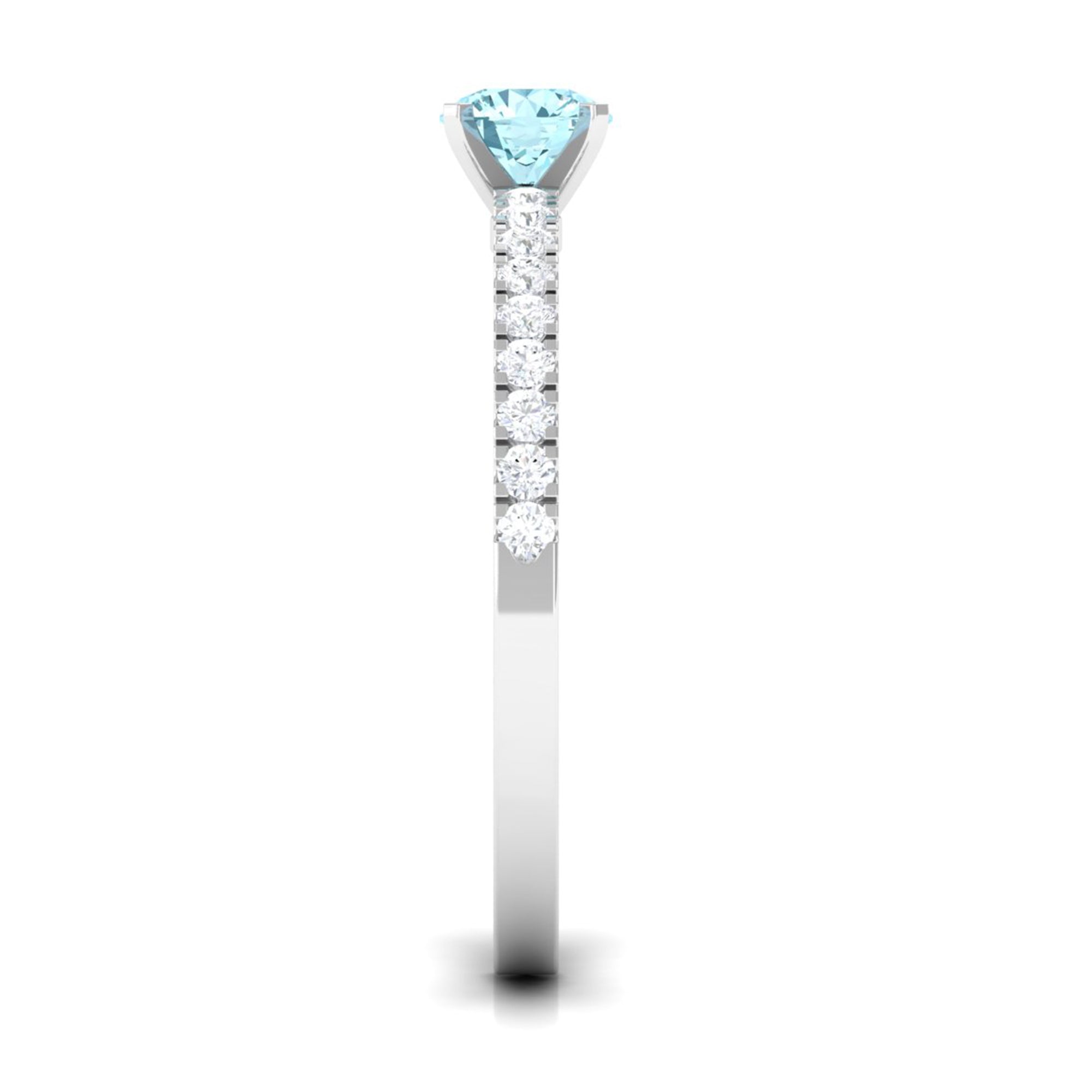 Rosec Jewels-Simple Round Aquamarine Solitaire Ring with Diamond Side Stones