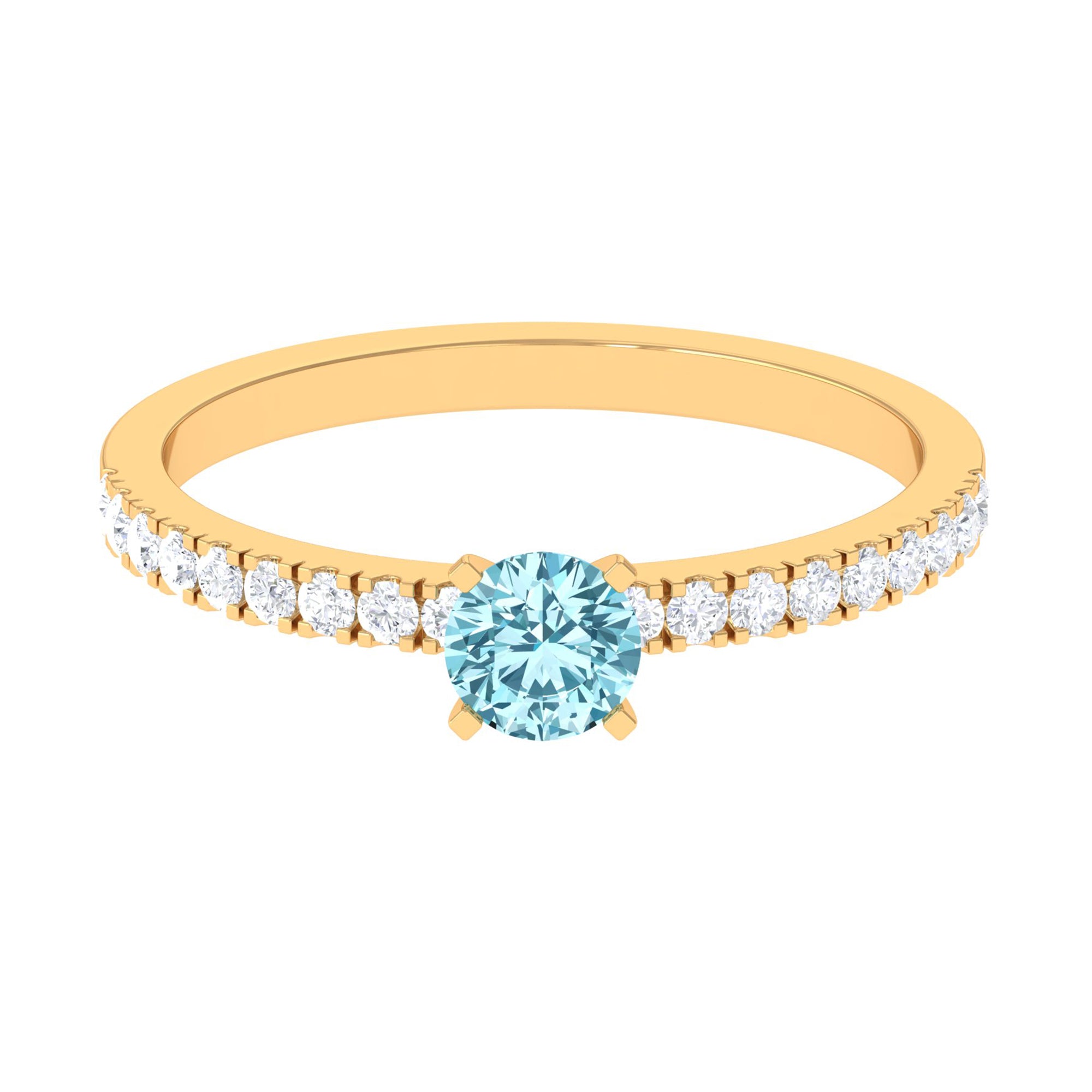 Rosec Jewels-Simple Round Aquamarine Solitaire Ring with Diamond Side Stones