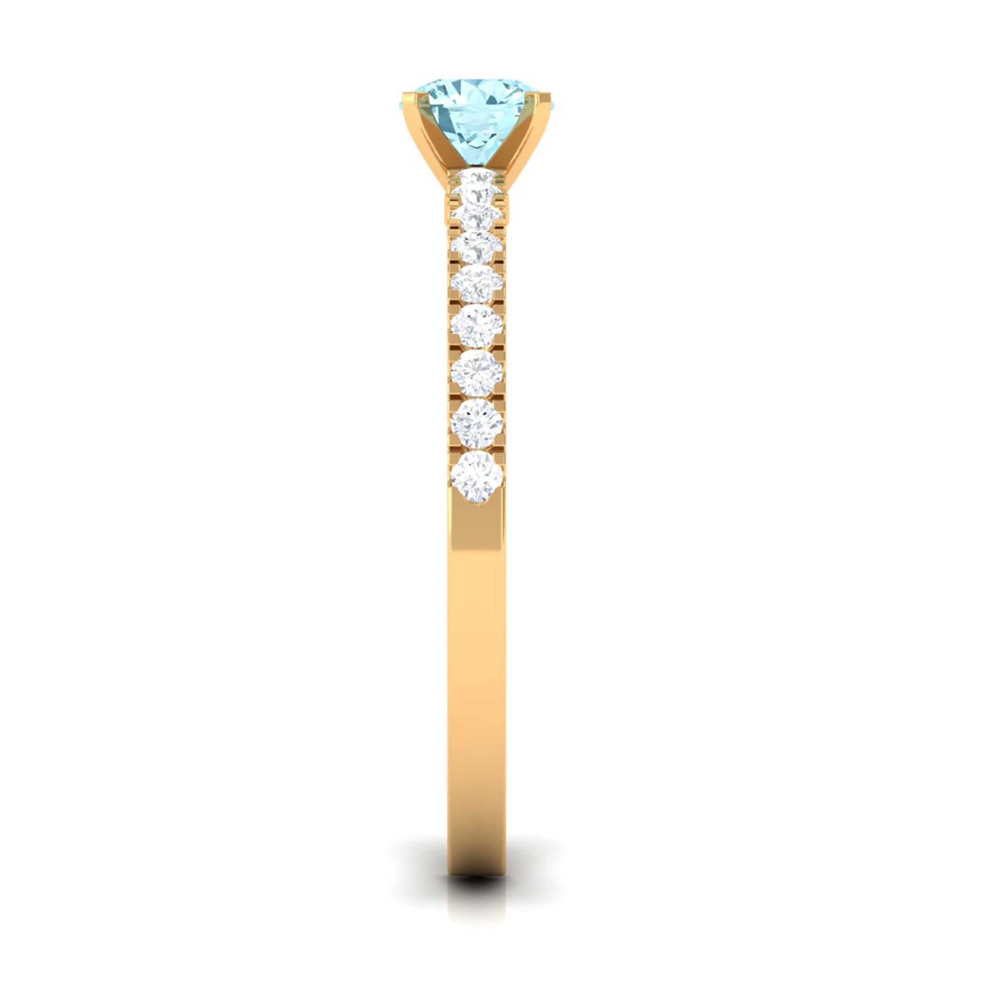 Rosec Jewels-Simple Round Aquamarine Solitaire Ring with Diamond Side Stones