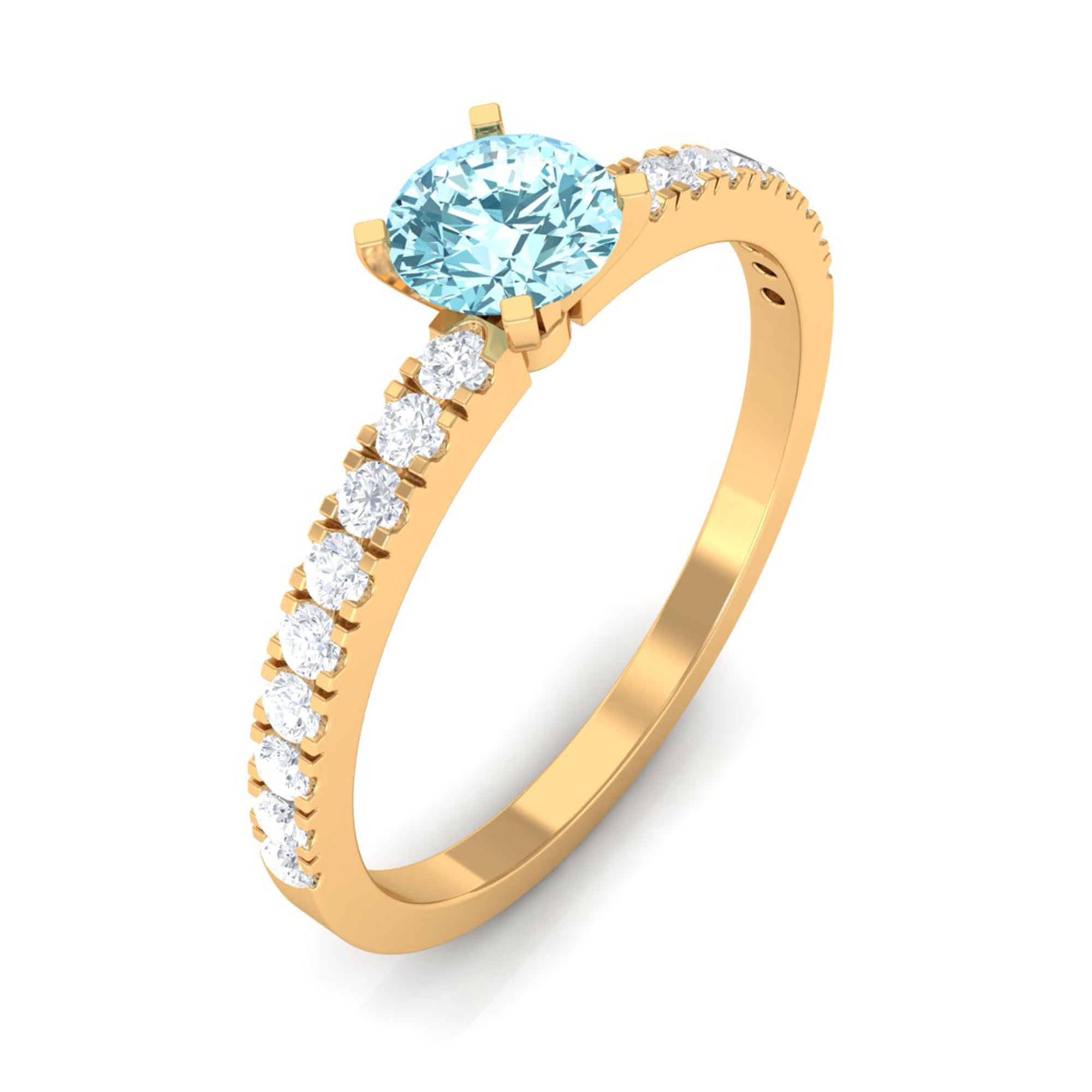 Rosec Jewels-Simple Round Aquamarine Solitaire Ring with Diamond Side Stones