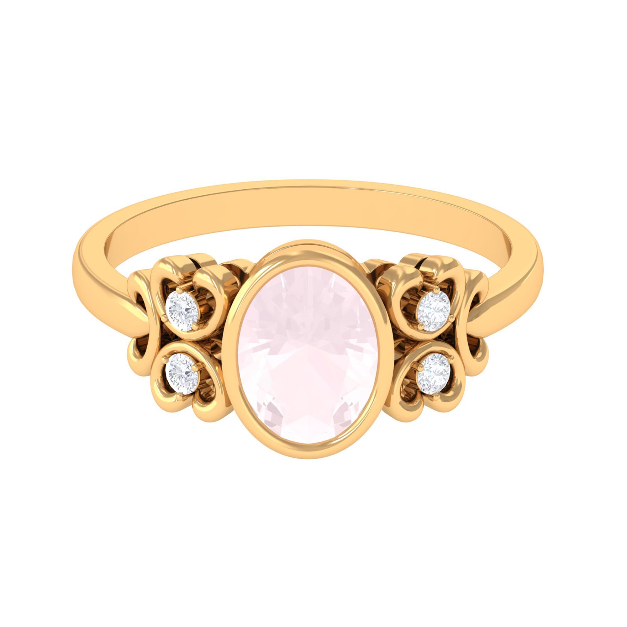 Rosec Jewels-Bezel Set Oval Rose Quartz Statement Engagement Ring with Diamond