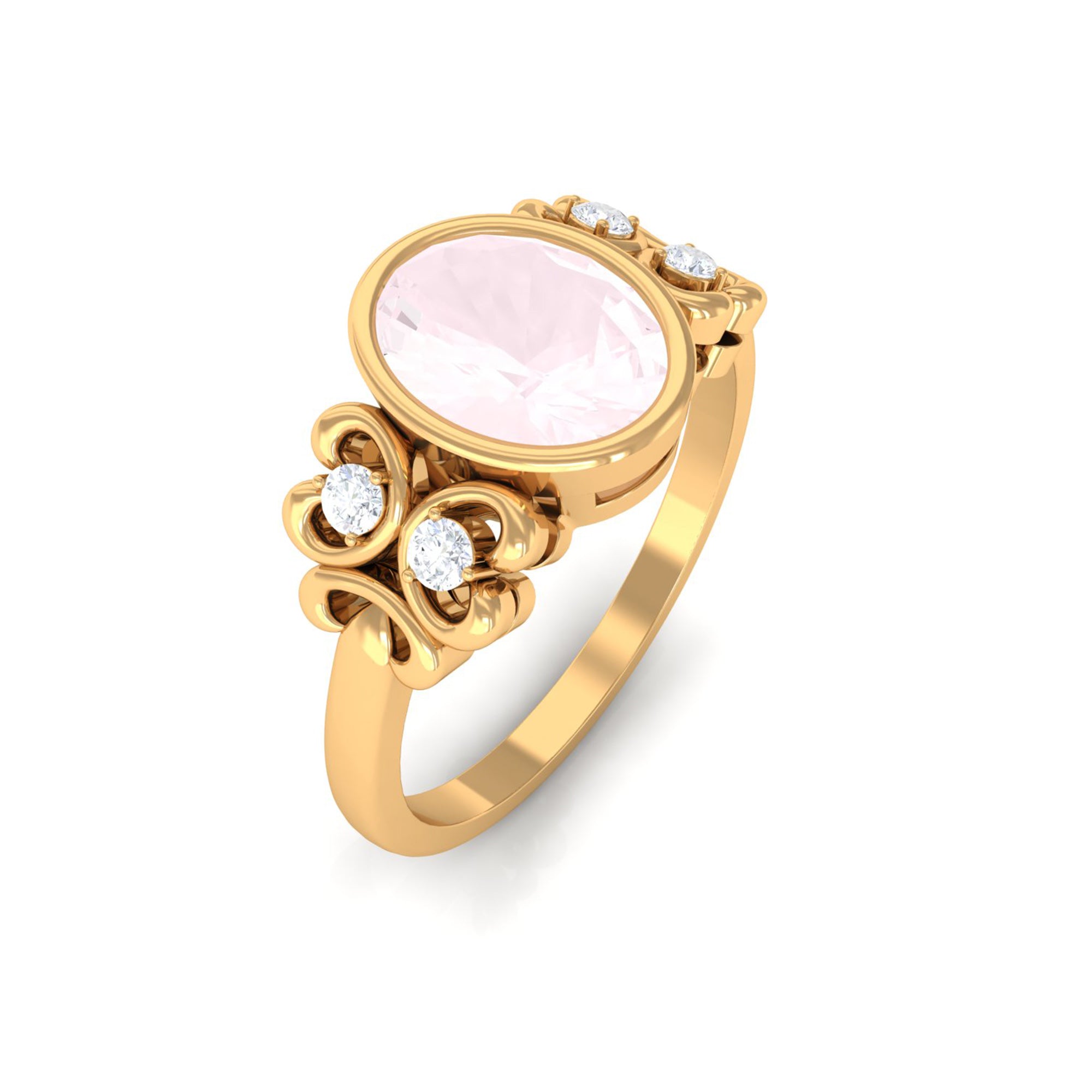 Rosec Jewels-Bezel Set Oval Rose Quartz Statement Engagement Ring with Diamond