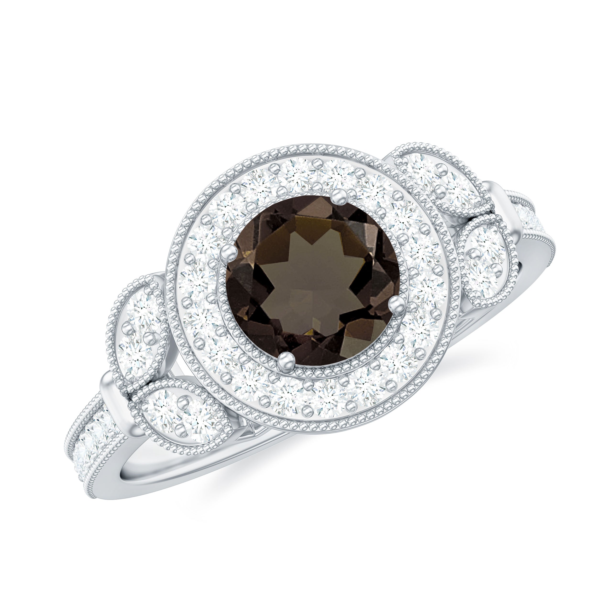 Rosec Jewels-Vintage Inspired Smoky Quartz Engagement Ring with Diamond