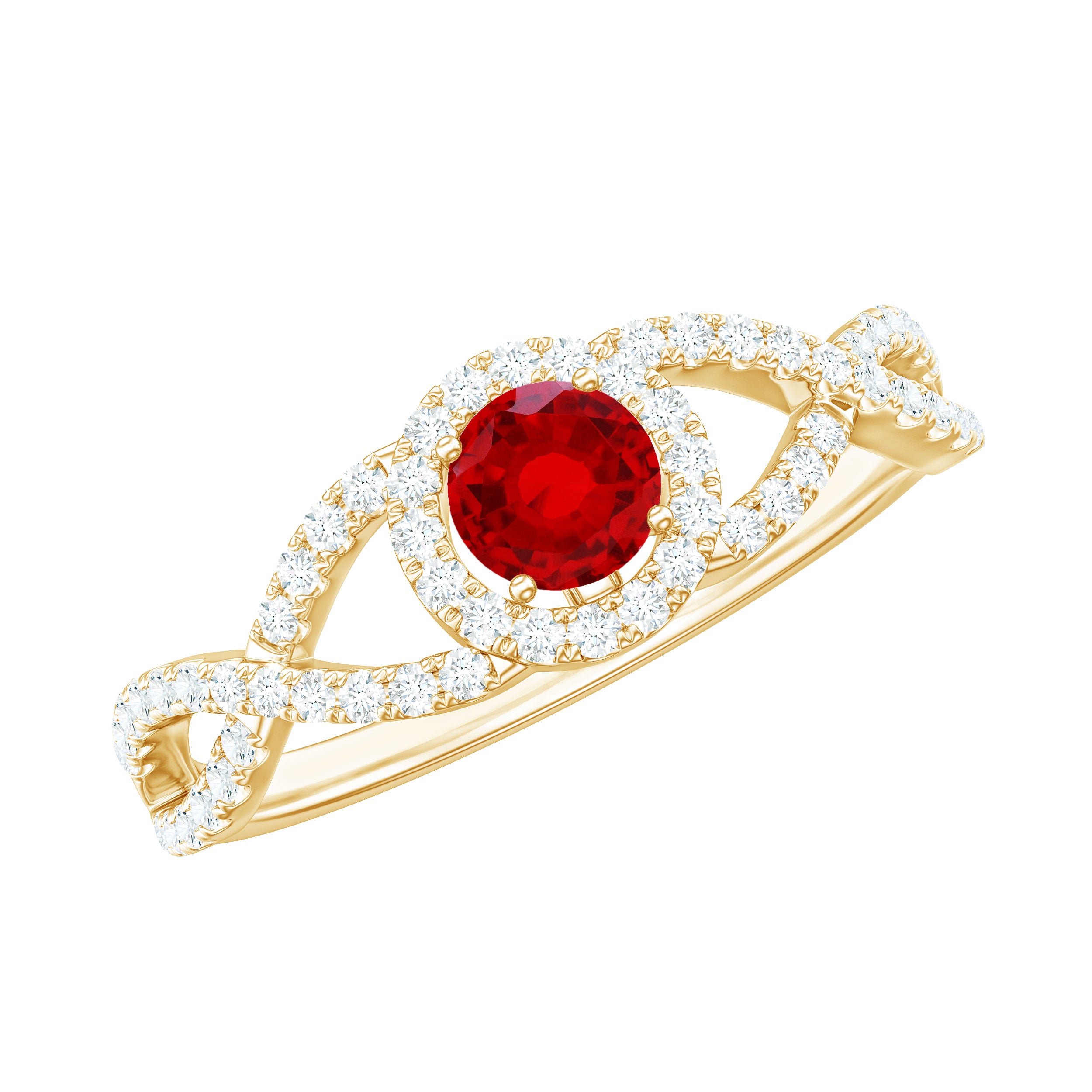 Rosec Jewels-Criss Cross Shank Lab-Created Ruby and Diamond Halo Engagement Ring