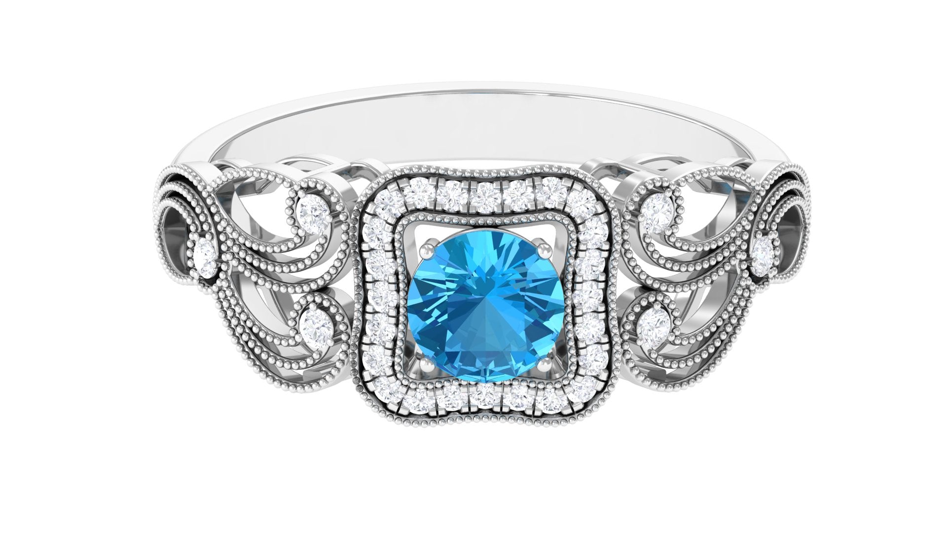 Rosec Jewels-Swiss Blue Topaz Vintage Style Engagement Ring with Diamond