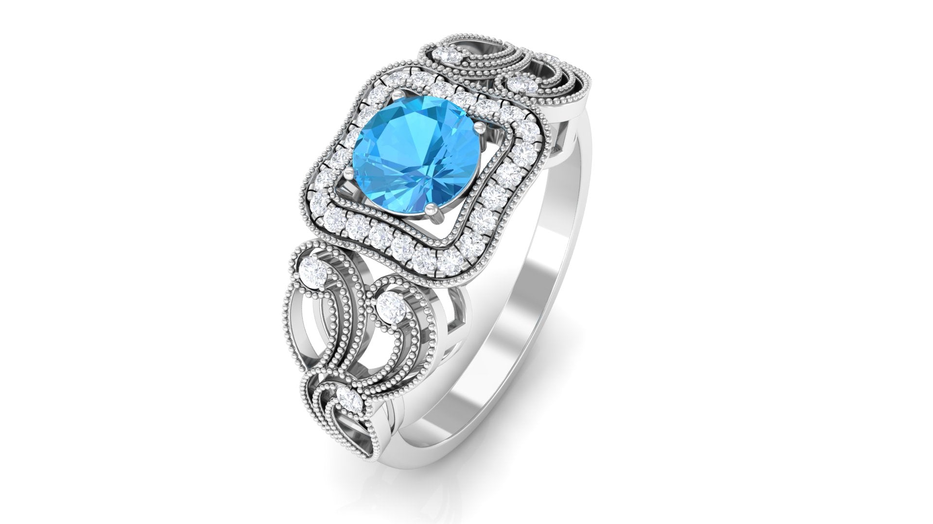 Rosec Jewels-Swiss Blue Topaz Vintage Style Engagement Ring with Diamond