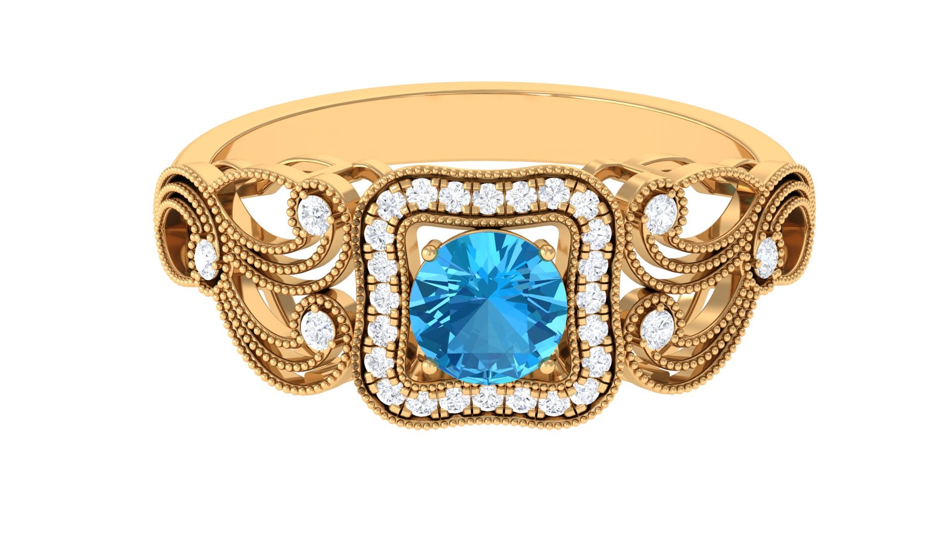 Rosec Jewels-Swiss Blue Topaz Vintage Style Engagement Ring with Diamond