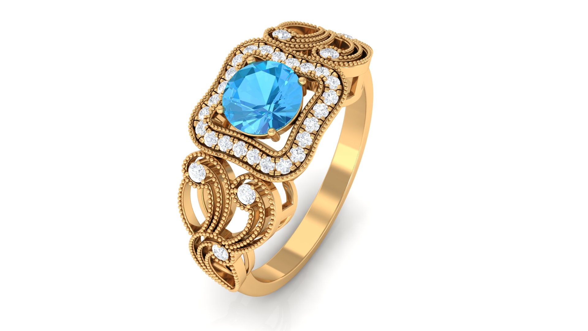 Rosec Jewels-Swiss Blue Topaz Vintage Style Engagement Ring with Diamond