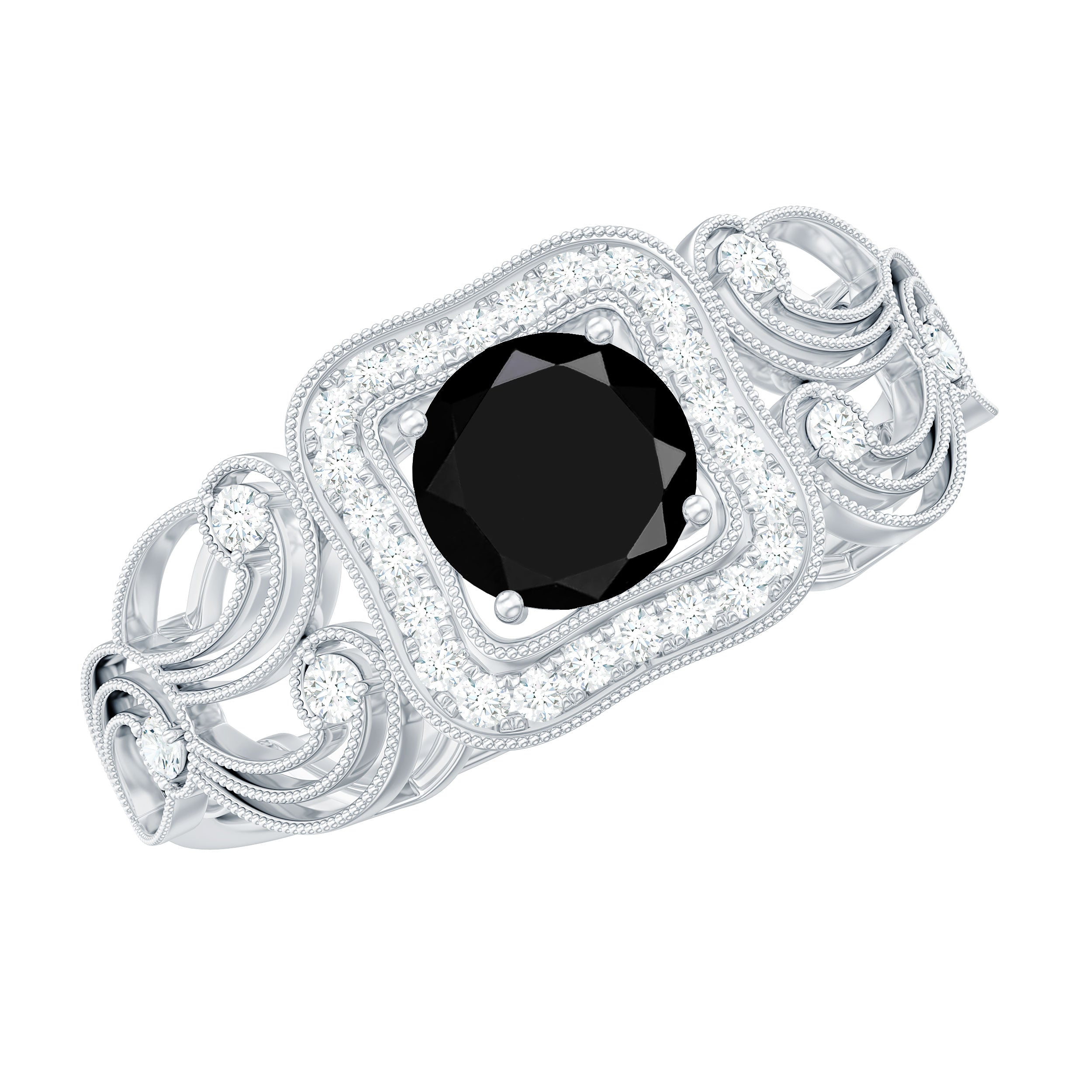 Rosec Jewels-Vintage Created Black Diamond and Diamond Milgrain Engagement Ring