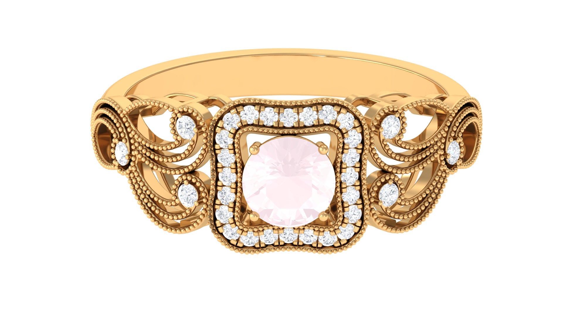 Rosec Jewels-Vintage Rose Quartz and Diamond Milgrain Engagement Ring