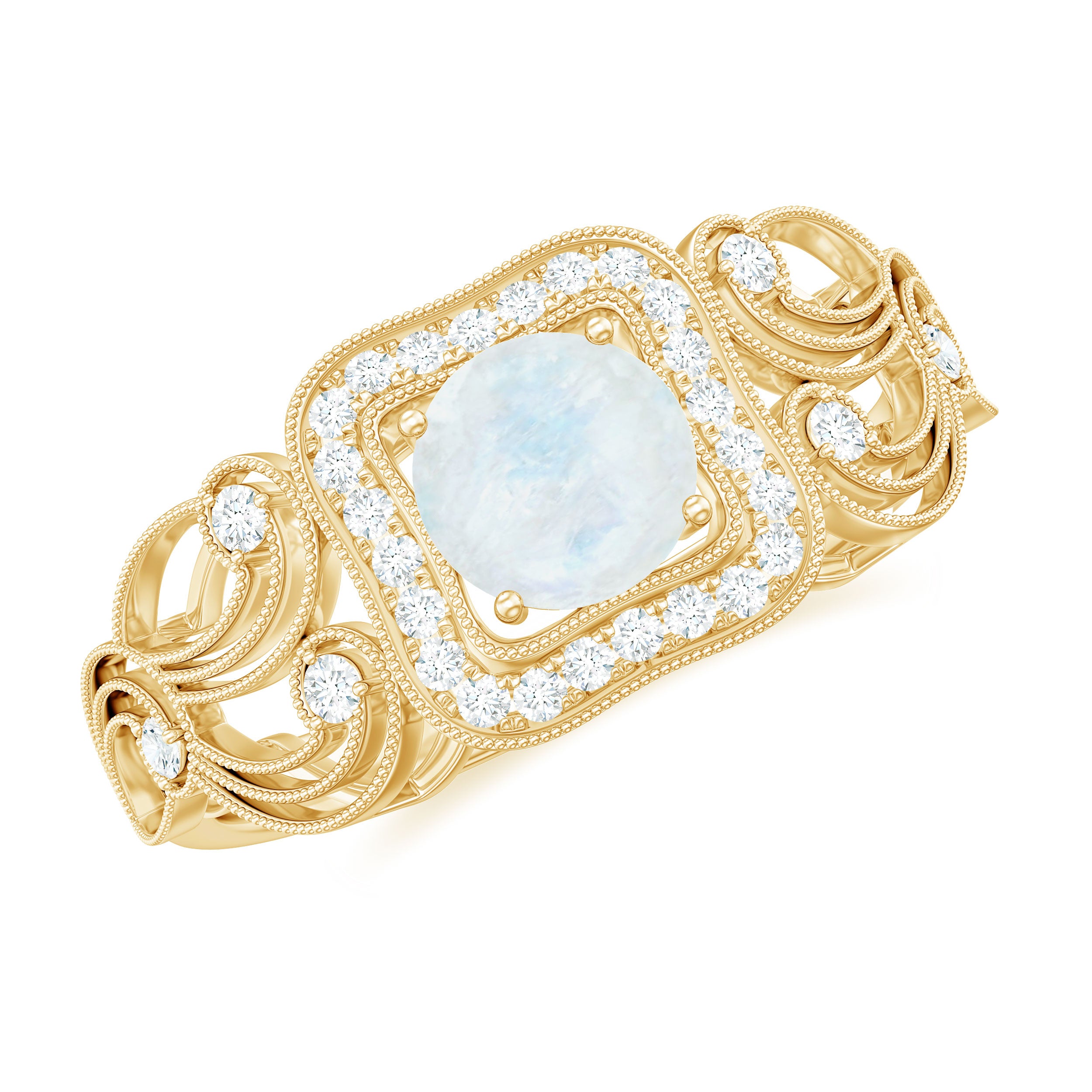 Rosec Jewels-Vintage Moonstone and Diamond Milgrain Engagement Ring