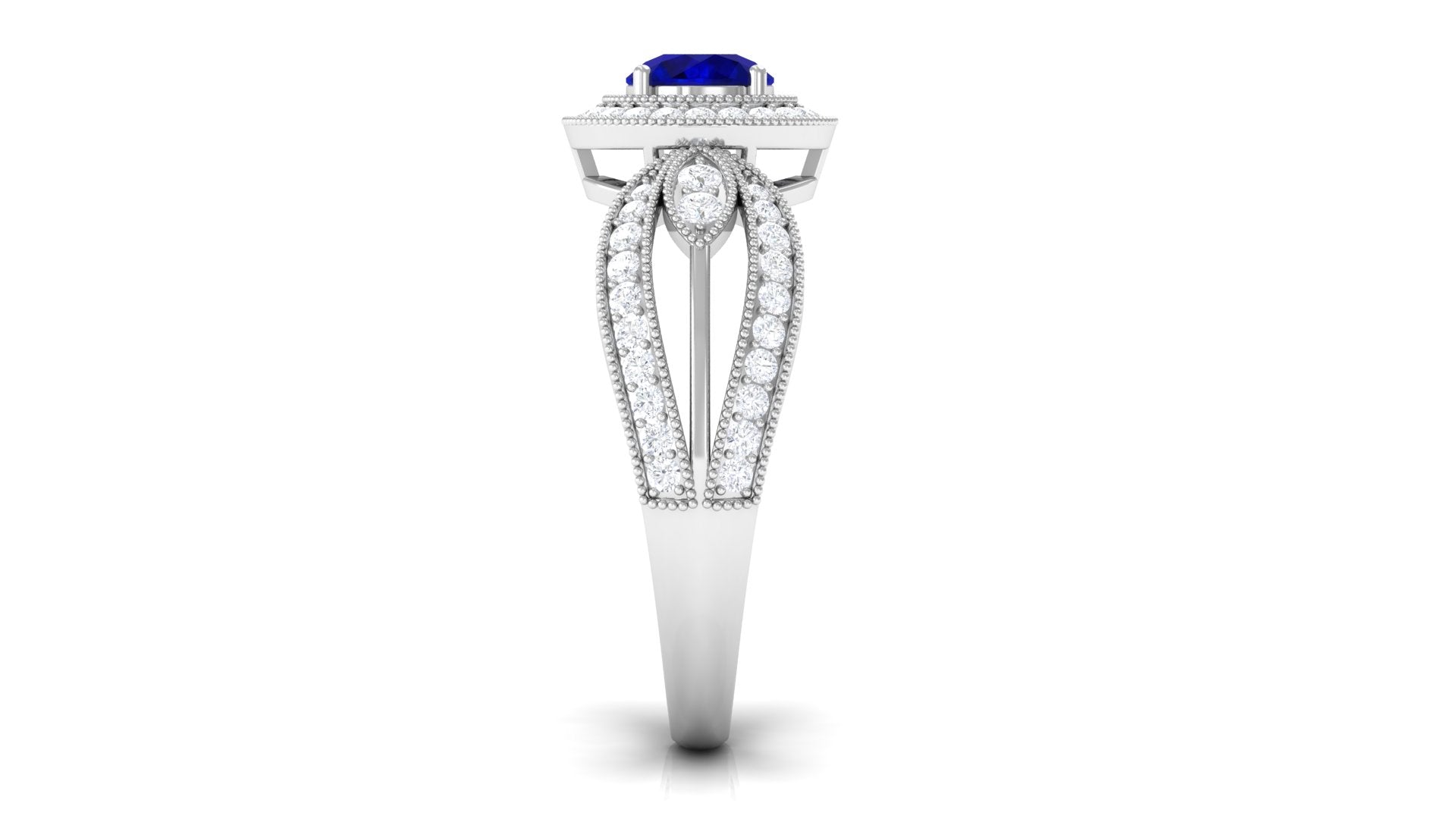 Rosec Jewels-Vintage Inspired Blue Sapphire Engagement Ring with Diamond in Split Shank