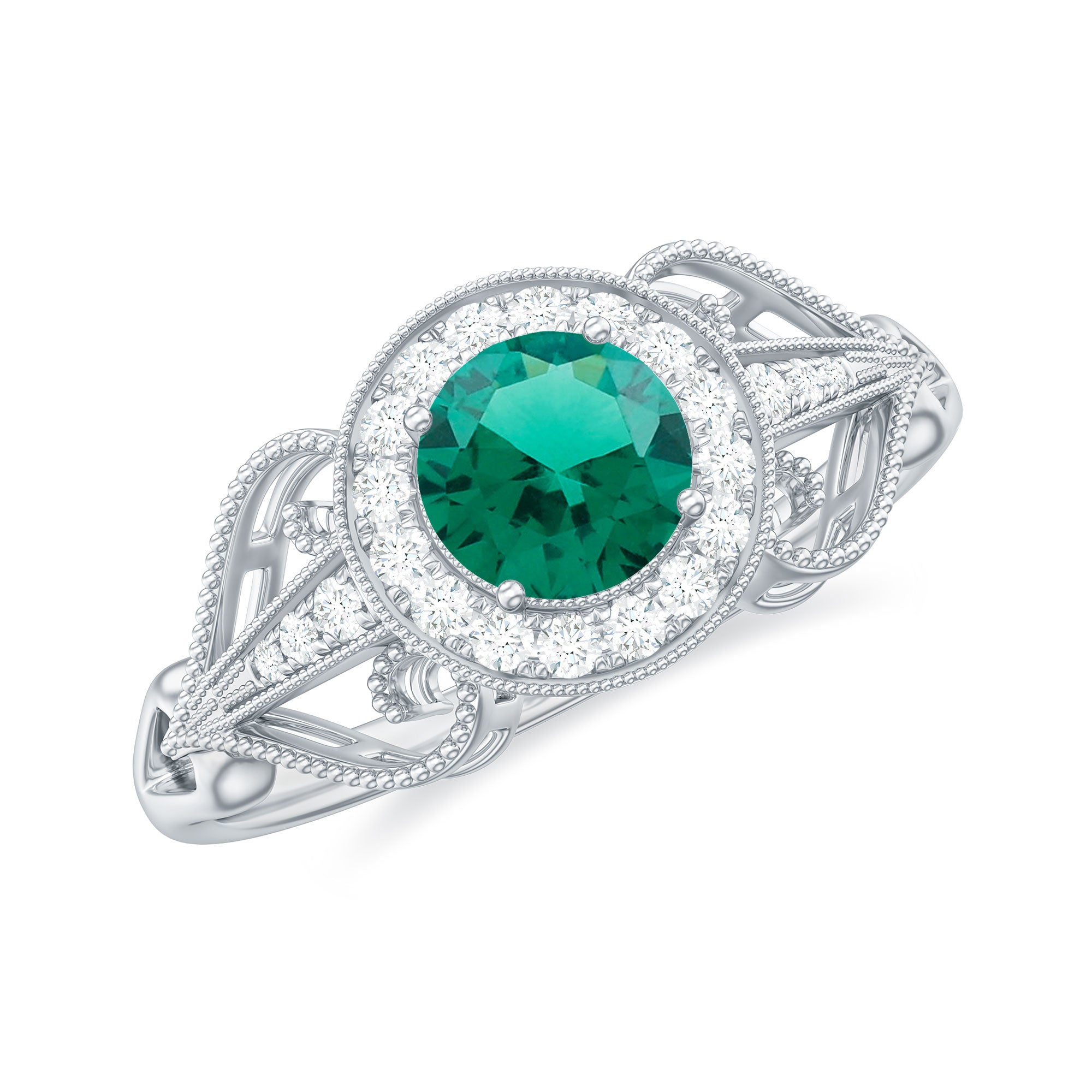 Rosec Jewels-Vintage Created Emerald and Diamond Engagement Ring