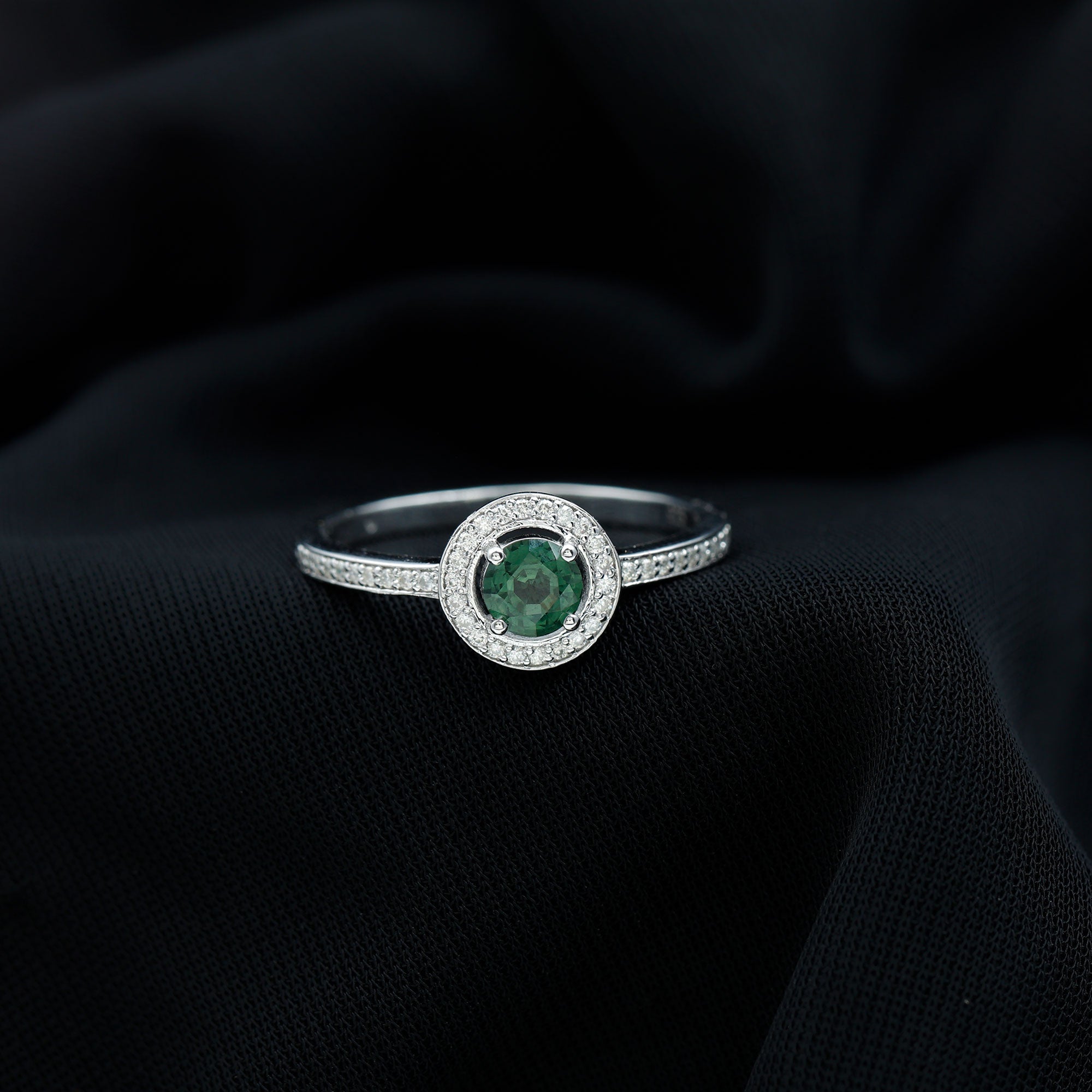 Rosec Jewels-Round Green Sapphire and Diamond Floating Halo Engagement Ring