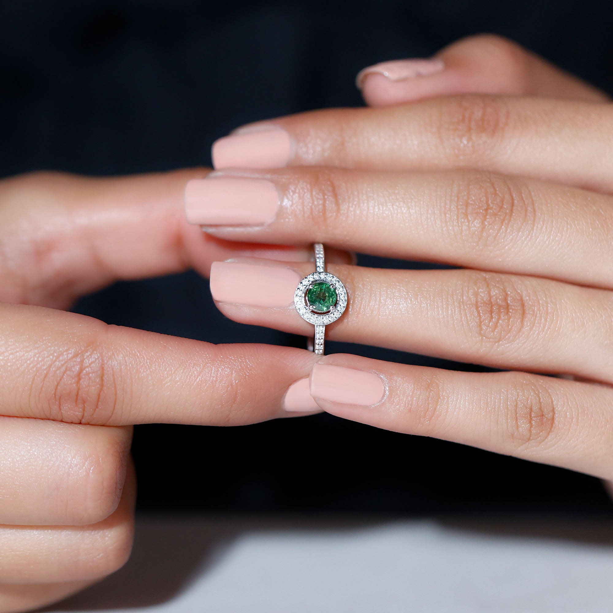 Rosec Jewels-Round Green Sapphire and Diamond Floating Halo Engagement Ring