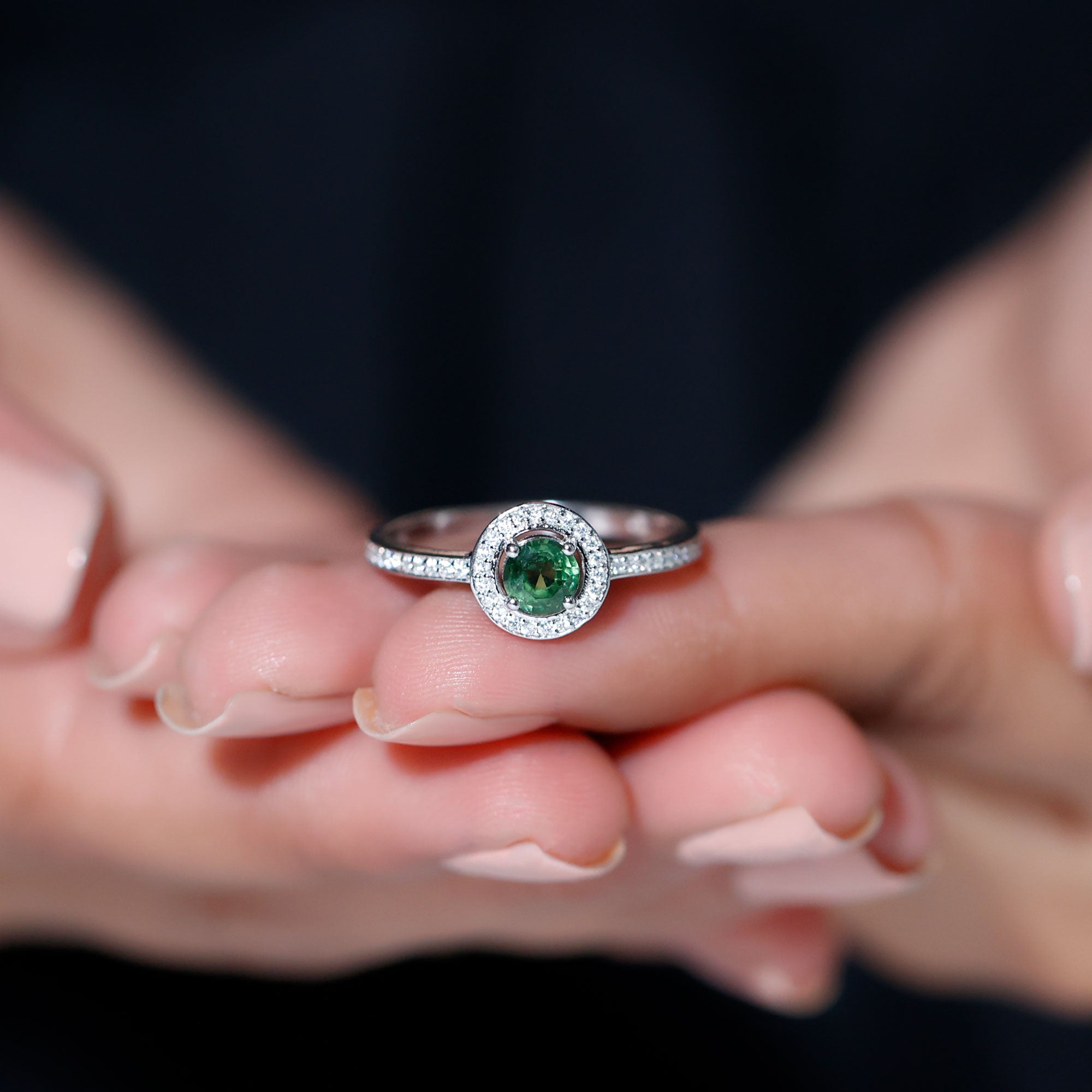 Rosec Jewels-Round Green Sapphire and Diamond Floating Halo Engagement Ring