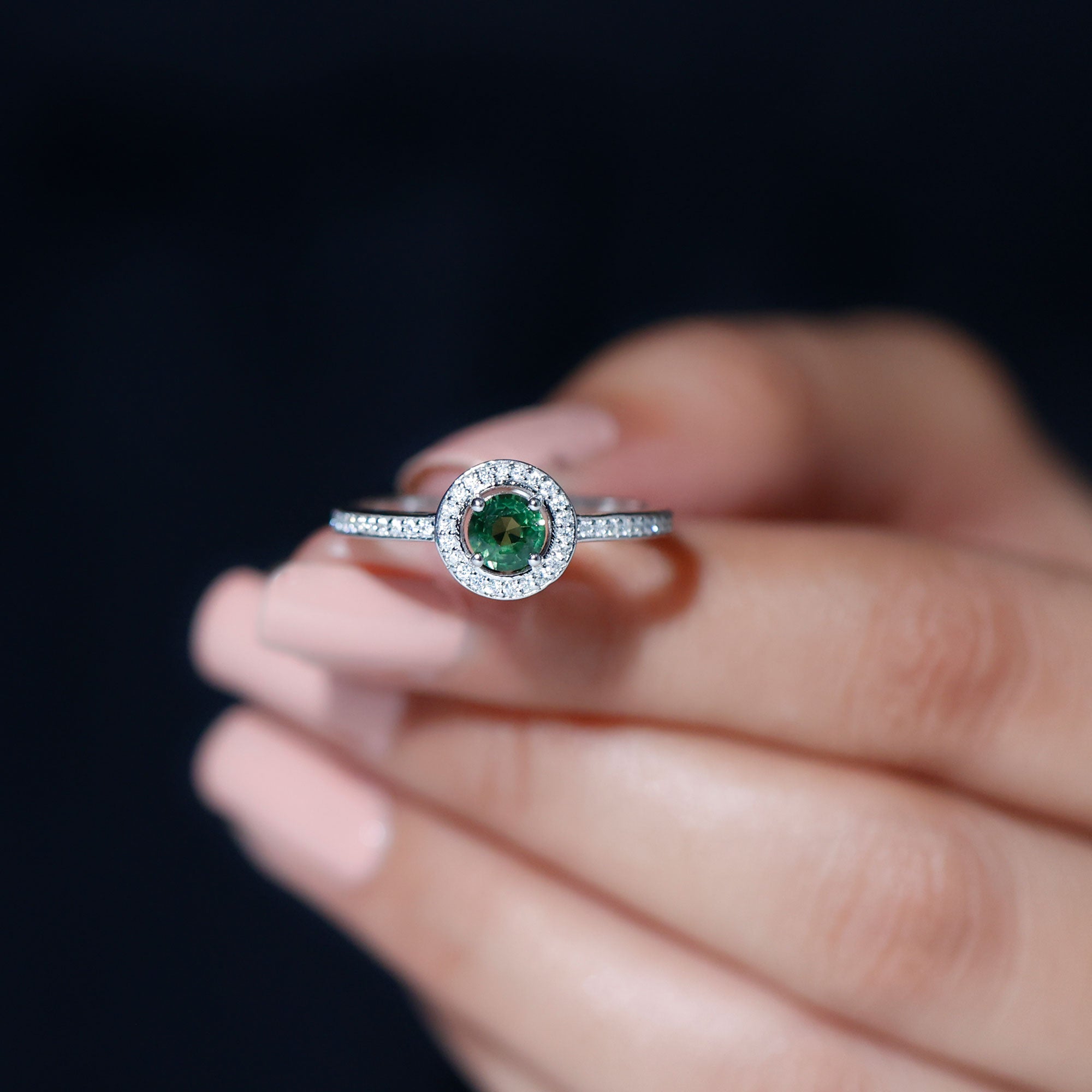 Rosec Jewels-Round Green Sapphire and Diamond Floating Halo Engagement Ring