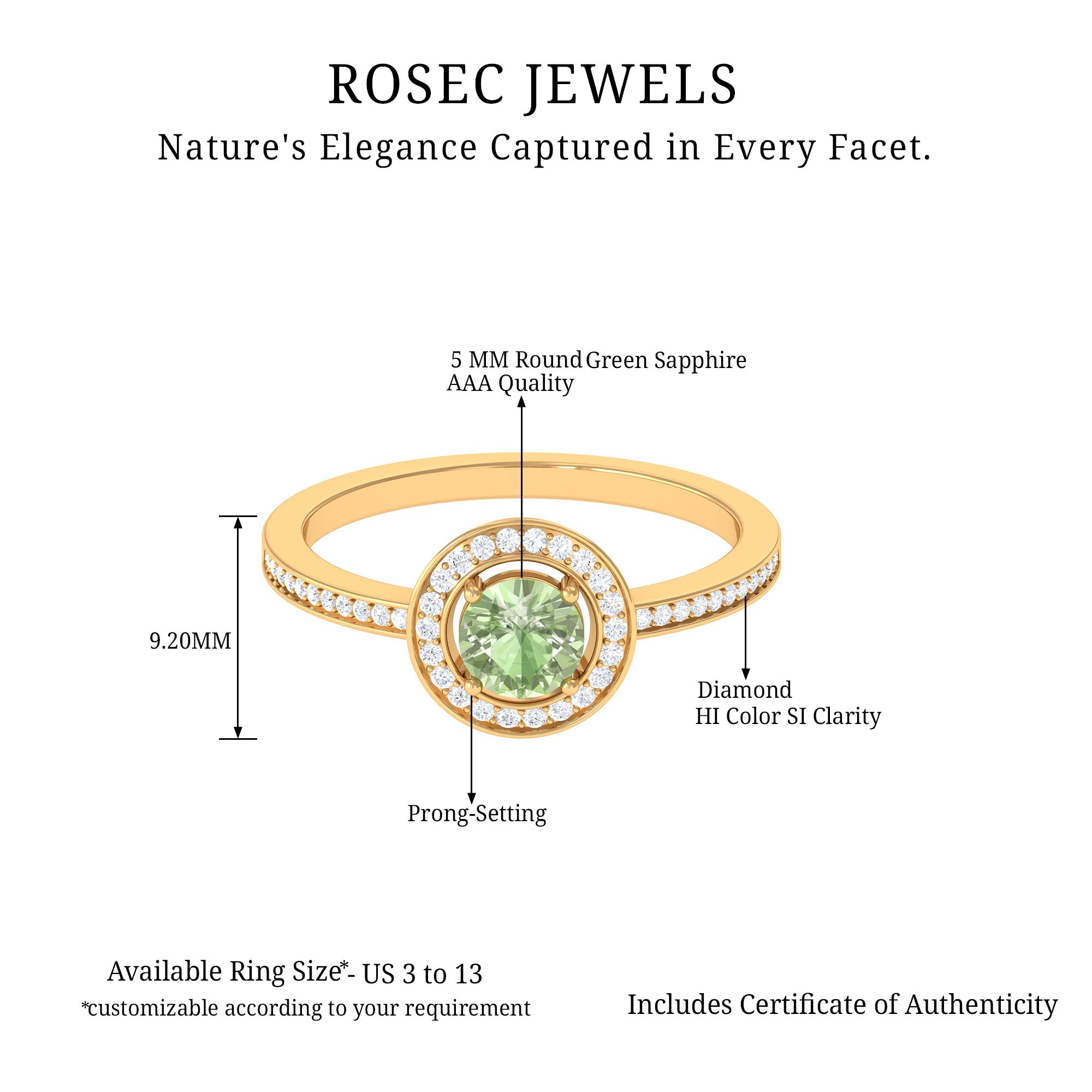 Rosec Jewels-Round Green Sapphire and Diamond Floating Halo Engagement Ring