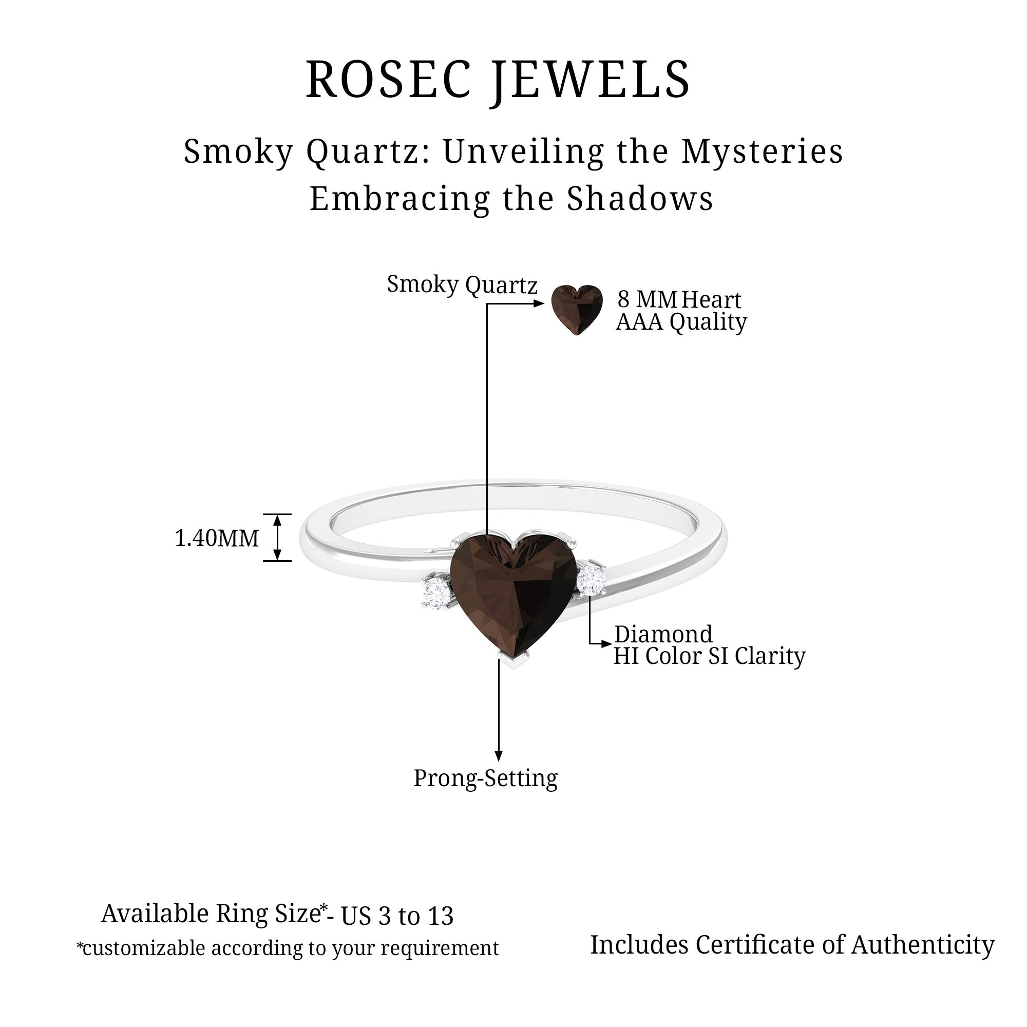 Rosec Jewels-Heart Shape Smoky Quartz Solitaire Promise Ring with Diamond