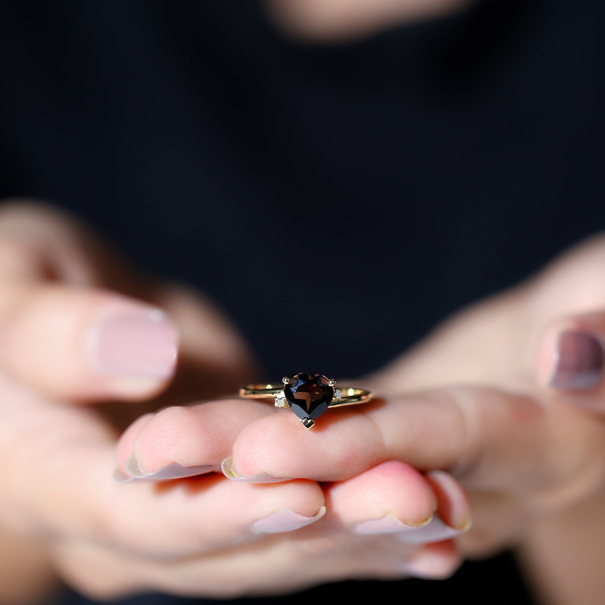 Rosec Jewels-Heart Shape Smoky Quartz Solitaire Promise Ring with Diamond