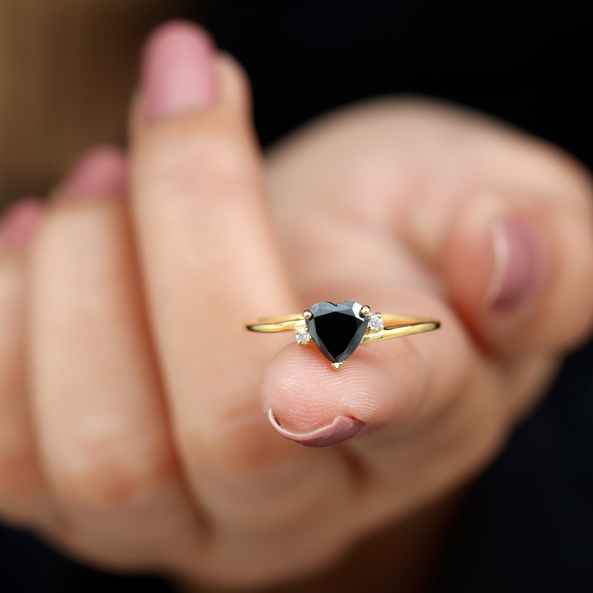 Rosec Jewels-Heart Shape Black Onyx Solitaire Promise Ring with Diamond