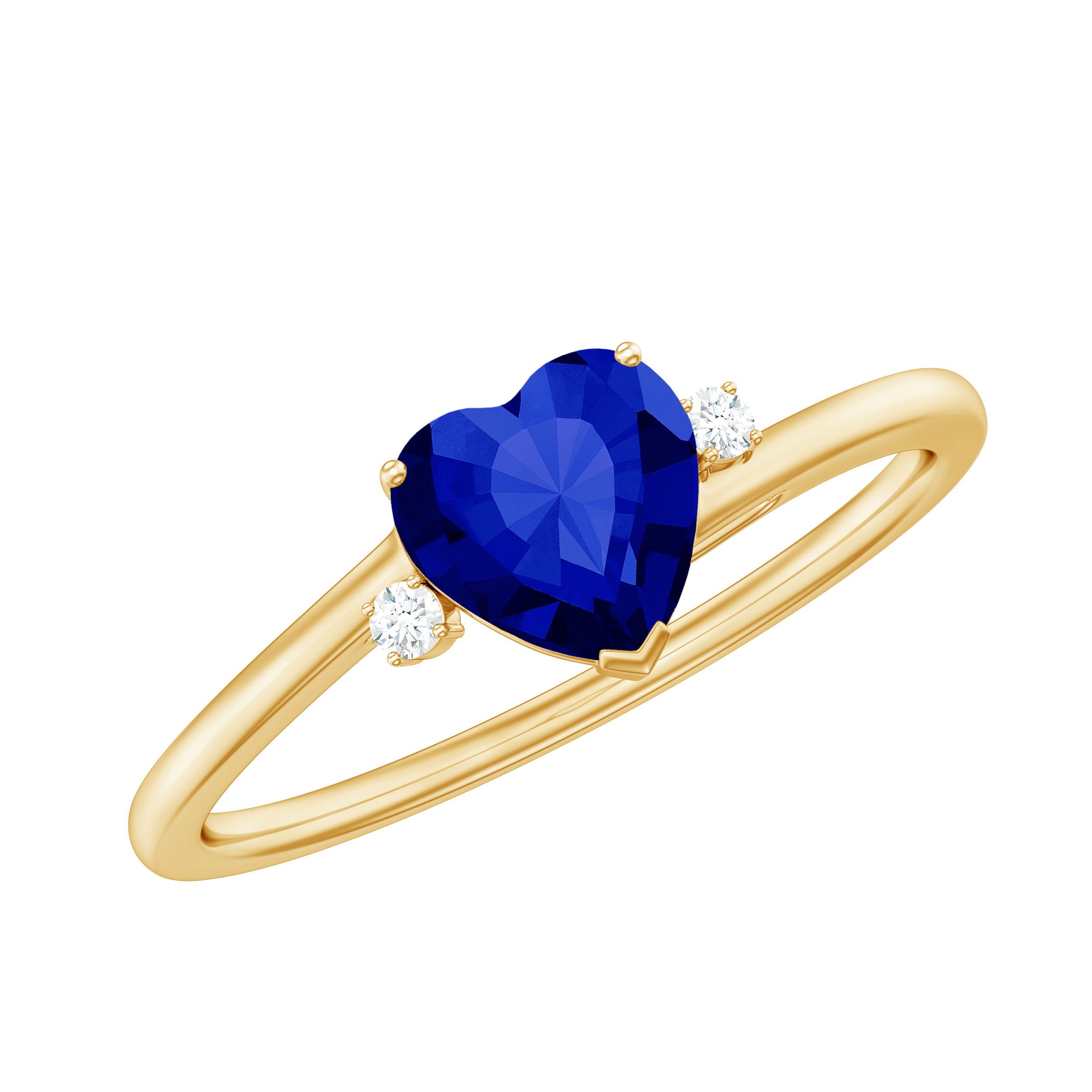 Rosec Jewels-Heart Shape Created Blue Sapphire Solitaire Engagement Ring with Diamond