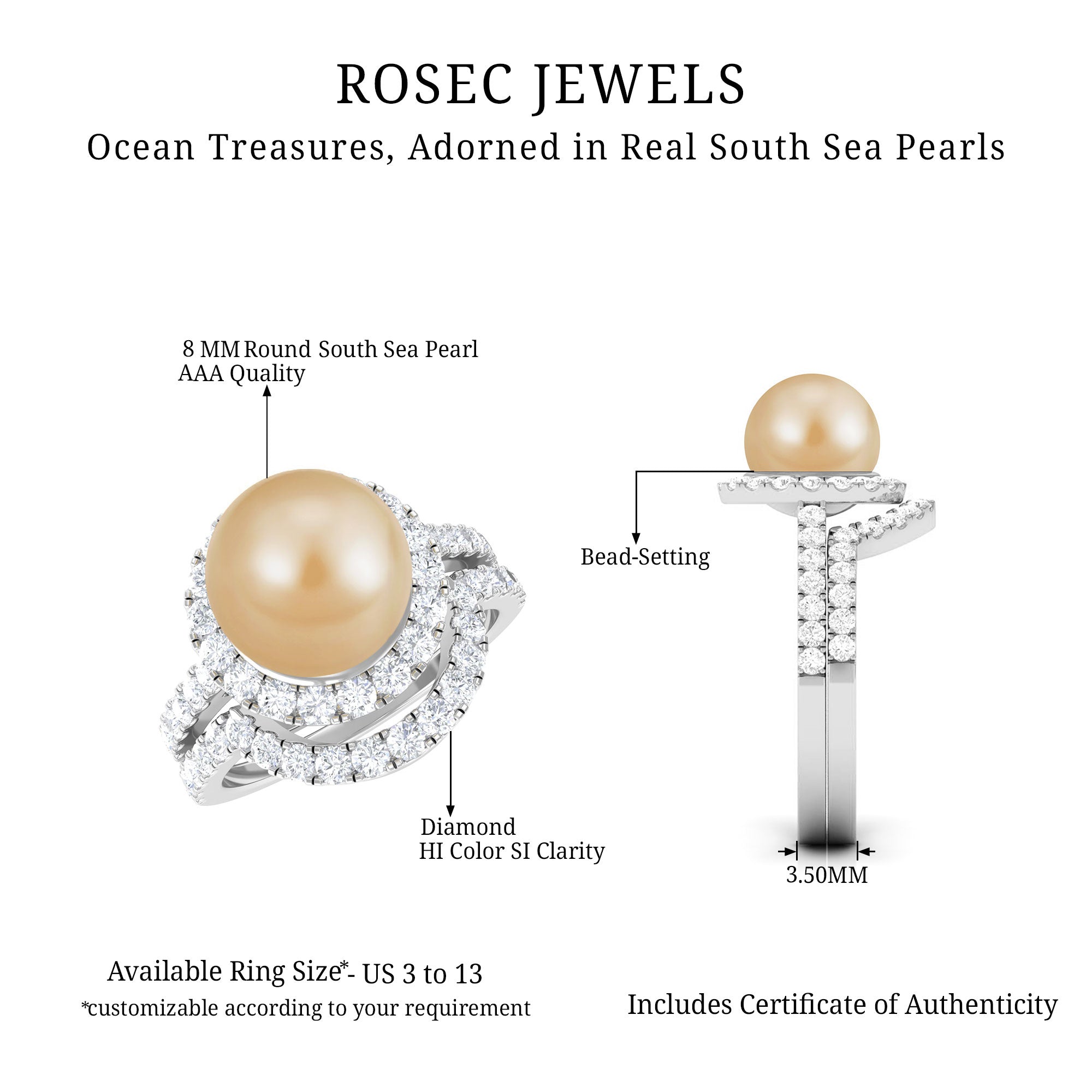 Rosec Jewels-South Sea Pearl and Diamond Halo Wedding Ring Set