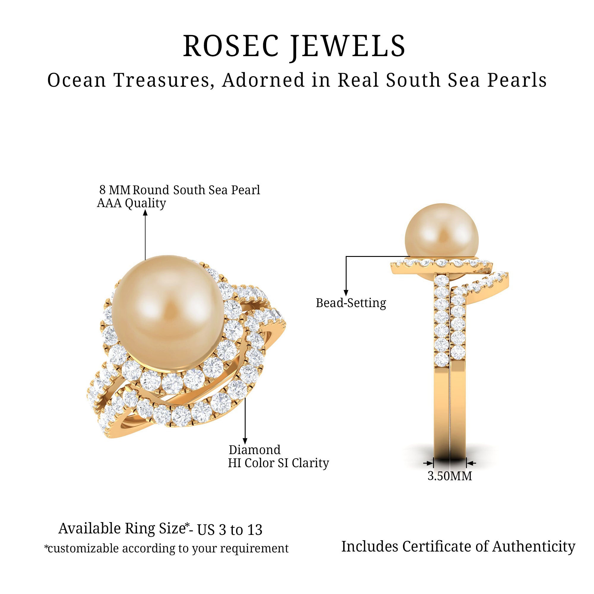 Rosec Jewels-South Sea Pearl and Diamond Halo Wedding Ring Set