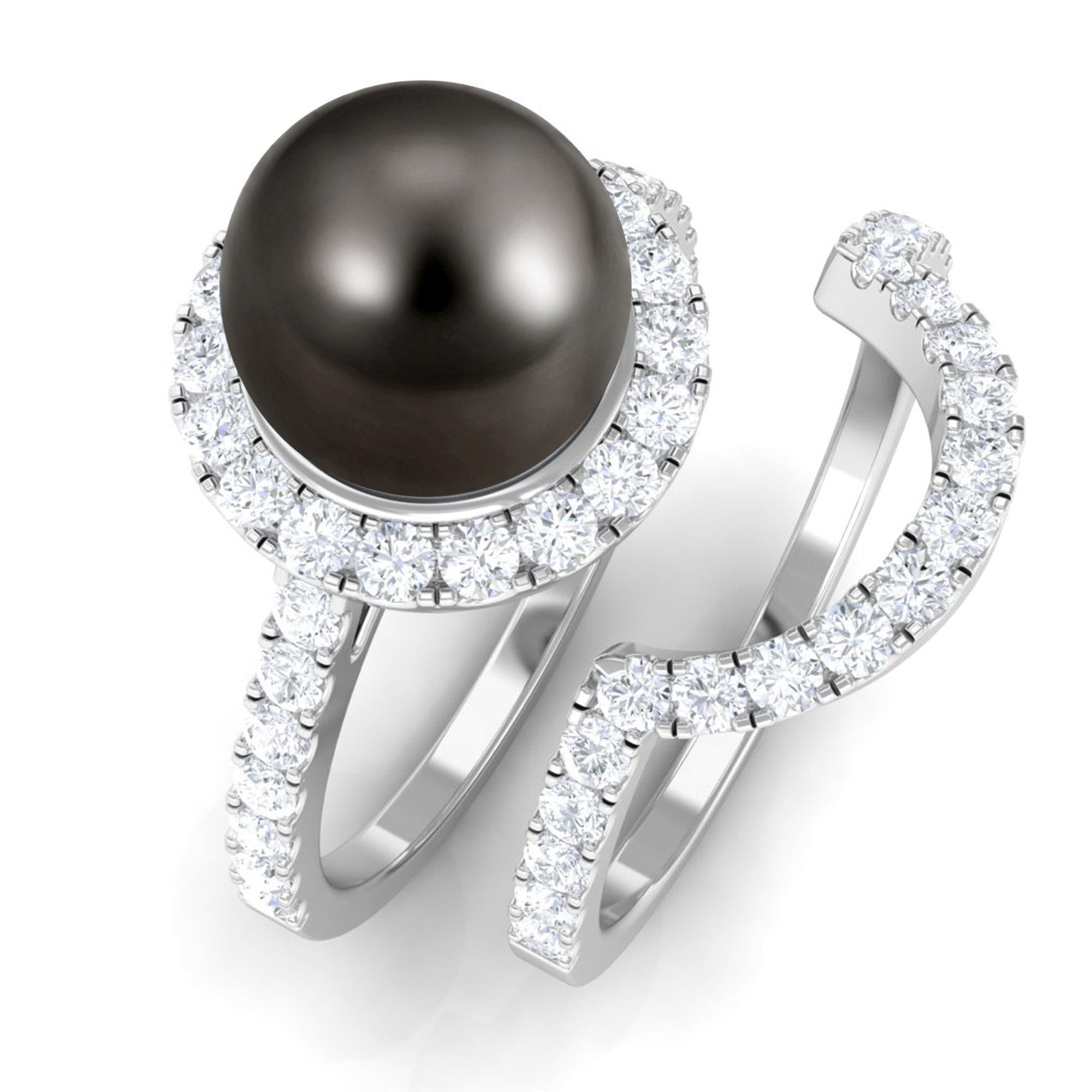 Rosec Jewels-9 CT Tahitian Pearl and Diamond Halo Wedding Ring Set