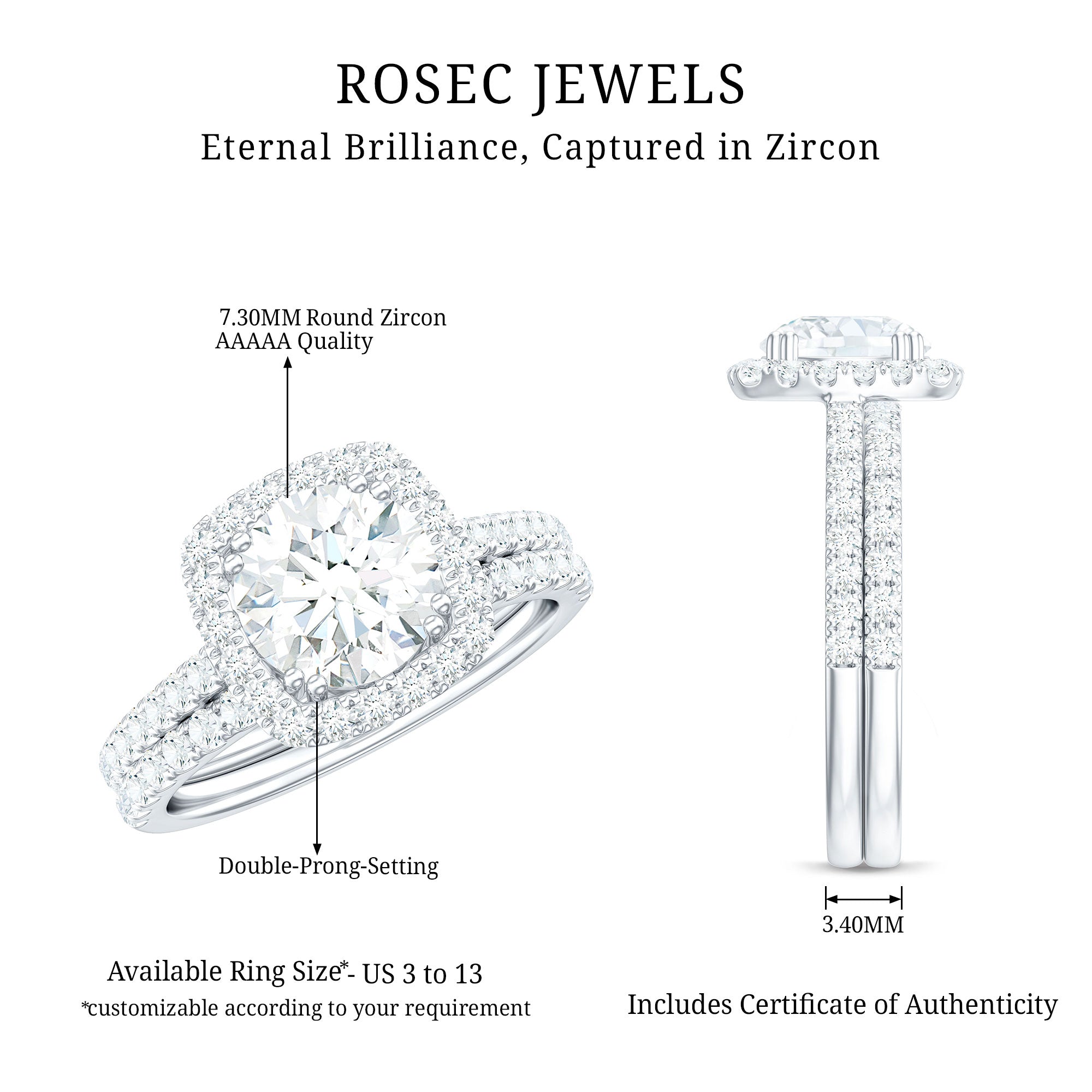 Rosec Jewels-3 CT Round Simulated Diamond Wedding Ring Set in Gold