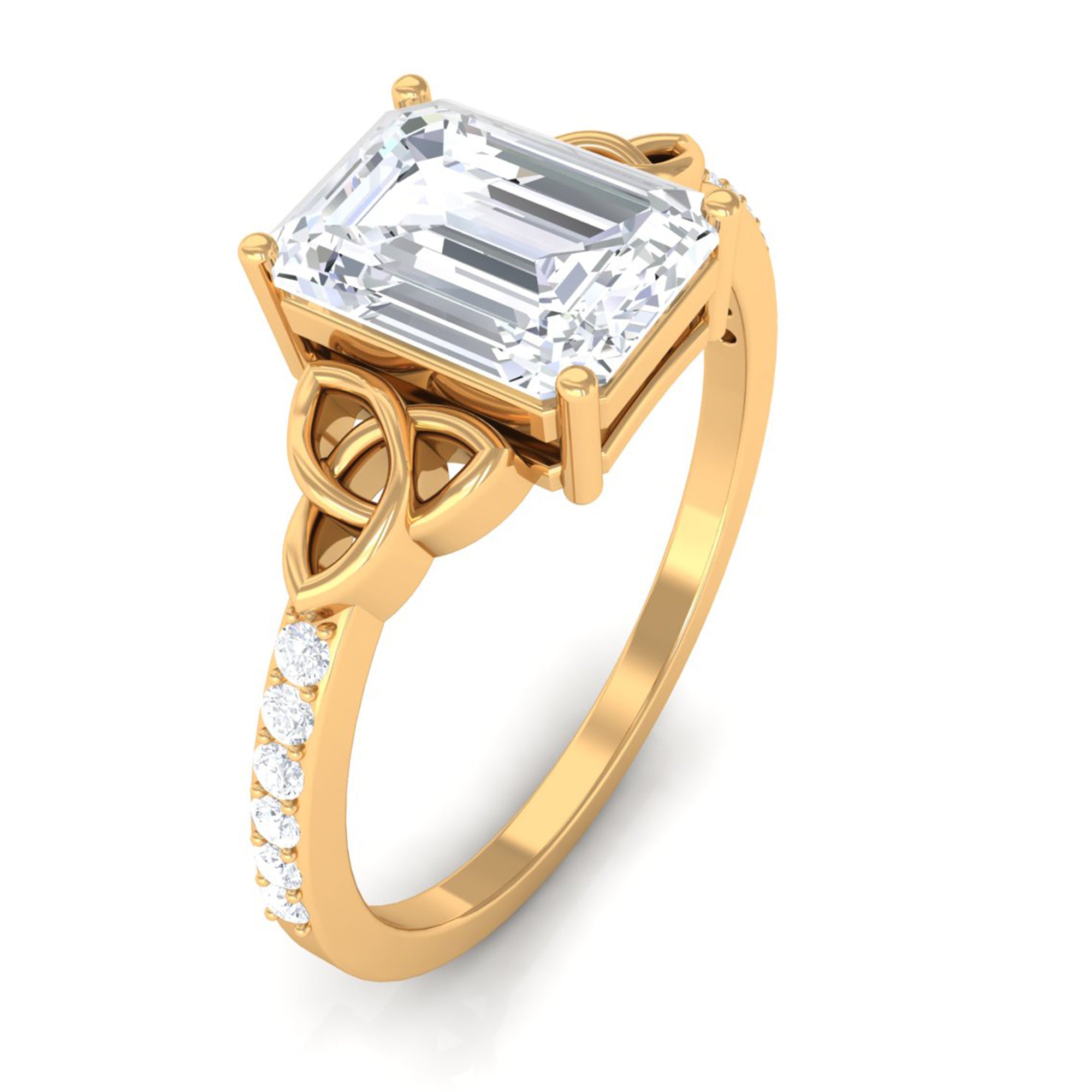 Rosec Jewels-2.75 CT Emerald Cut Zircon Solitaire Celtic Engagement Ring in Gold