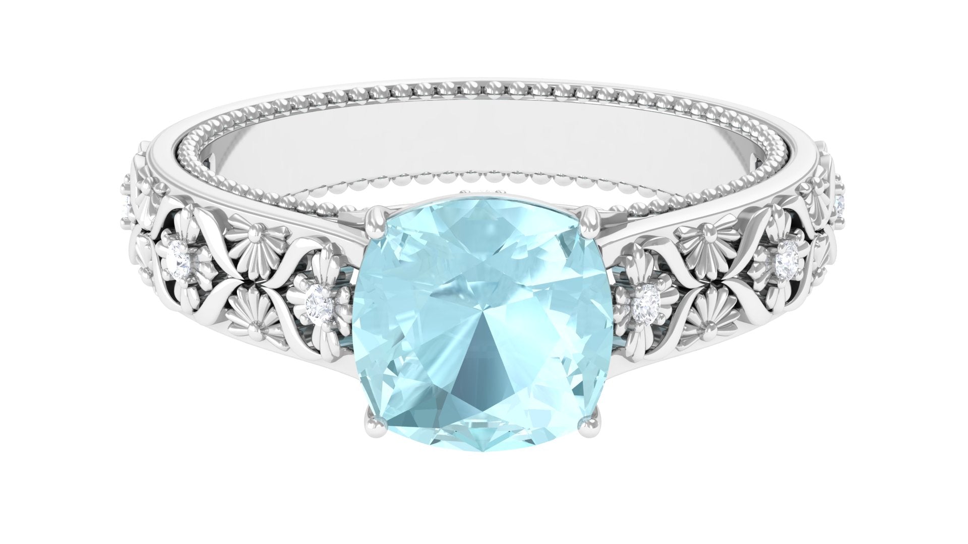 Rosec Jewels-Cushion Cut Solitaire Sky Blue Topaz and Diamond Floral Engagement Ring