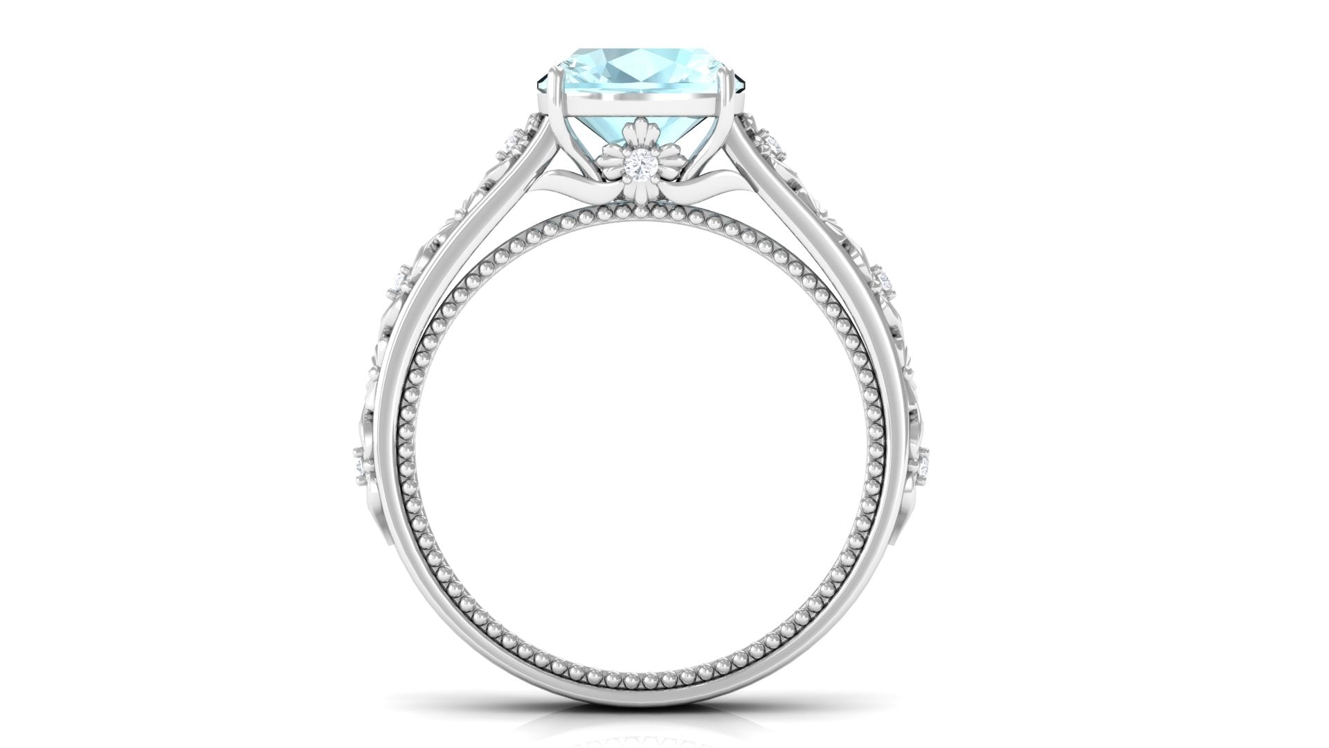 Rosec Jewels-Cushion Cut Solitaire Sky Blue Topaz and Diamond Floral Engagement Ring