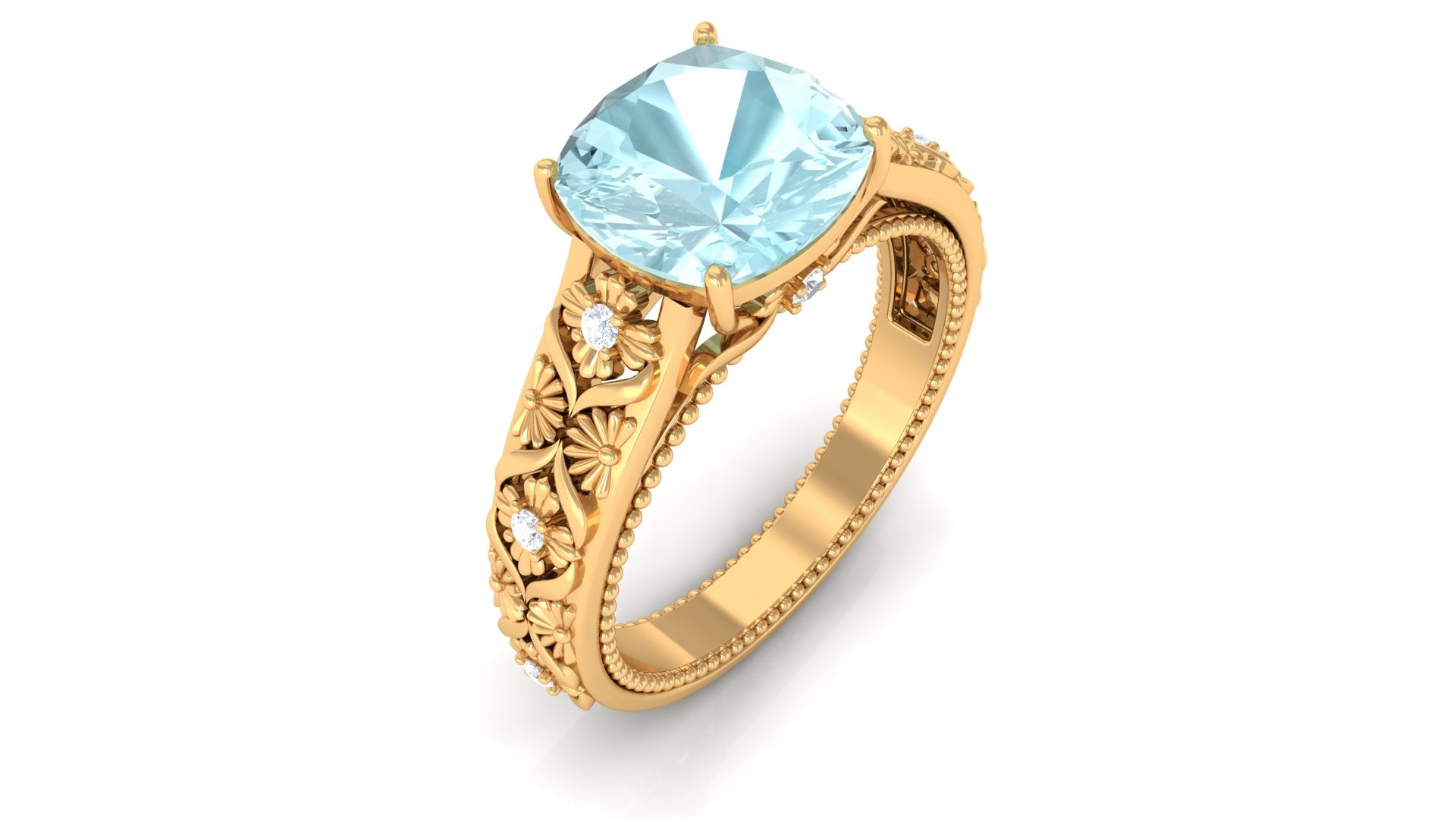 Rosec Jewels-Cushion Cut Solitaire Sky Blue Topaz and Diamond Floral Engagement Ring