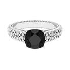 Rosec Jewels-Cushion Cut Solitaire Created Black Diamond and Diamond Floral Engagement Ring