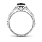 Rosec Jewels-Cushion Cut Solitaire Created Black Diamond and Diamond Floral Engagement Ring