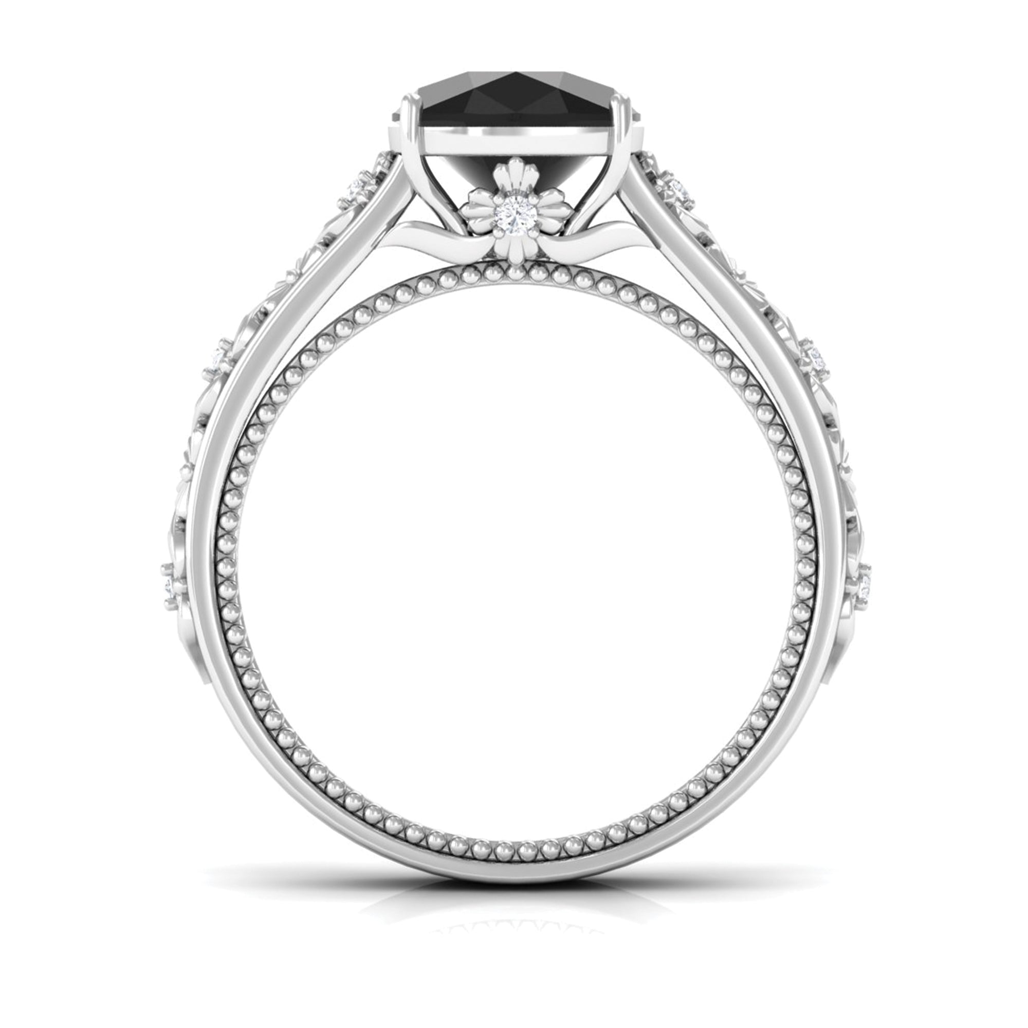 Rosec Jewels-Cushion Cut Solitaire Created Black Diamond and Diamond Floral Engagement Ring