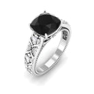 Rosec Jewels-Cushion Cut Solitaire Created Black Diamond and Diamond Floral Engagement Ring