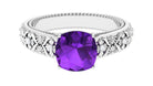 Rosec Jewels-Cushion Cut Solitaire Amethyst Floral Engagement Ring with Diamond