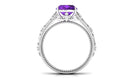 Rosec Jewels-Cushion Cut Solitaire Amethyst Floral Engagement Ring with Diamond