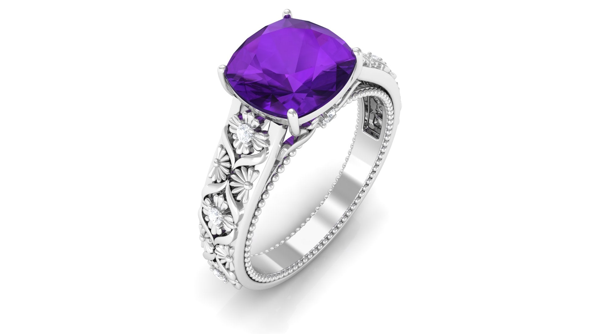 Rosec Jewels-Cushion Cut Solitaire Amethyst Floral Engagement Ring with Diamond